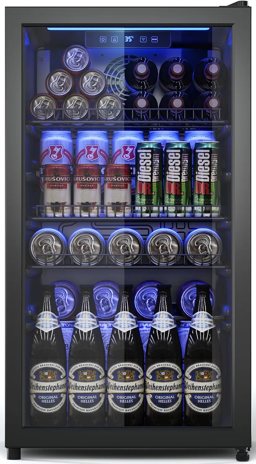 Beverage Fridge, Mini Fridge With Glass Door, Beverage Cooler Refrigerator, Wine Drink Beer Cooler, Adjustable Shelves & Digital Temperature Display