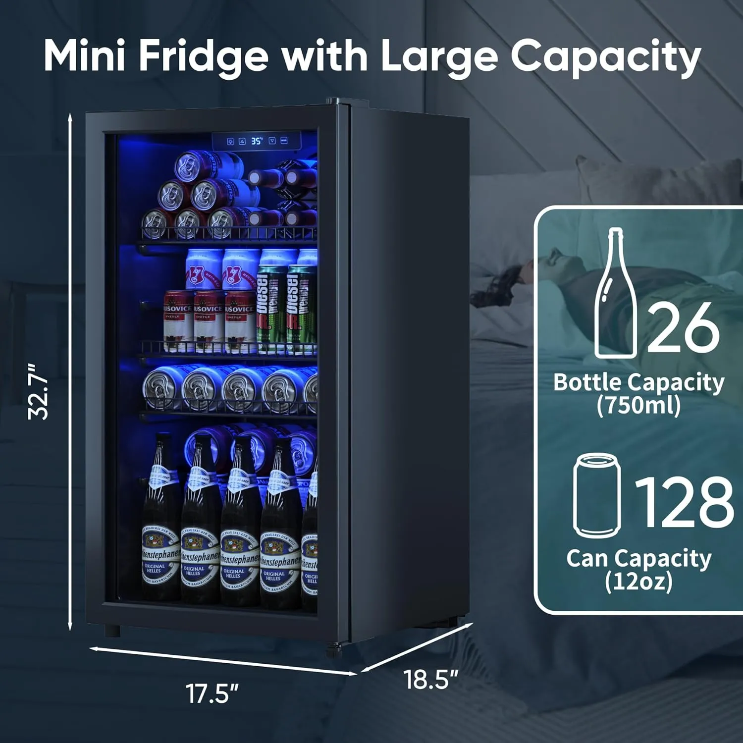 Beverage Fridge, Mini Fridge With Glass Door, Beverage Cooler Refrigerator, Wine Drink Beer Cooler, Adjustable Shelves & Digital Temperature Display