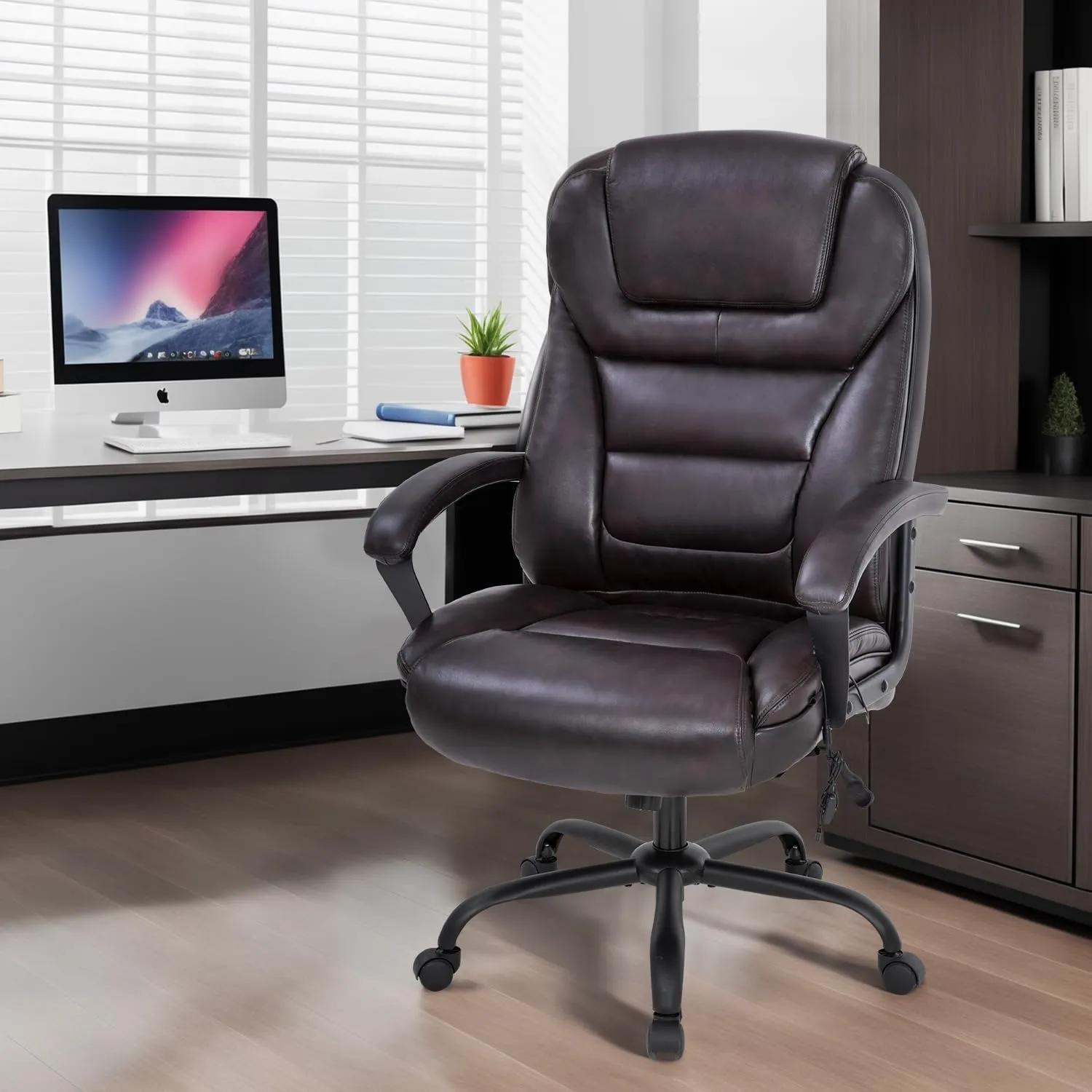Big & Tall Office Chair 500lbs Capacity - Ergonomic High Back PU Leather Executive Massage Desk Chair with Wide Seat, Adjustable Lumbar Support & Armrests for Home Office Use, Maduro
