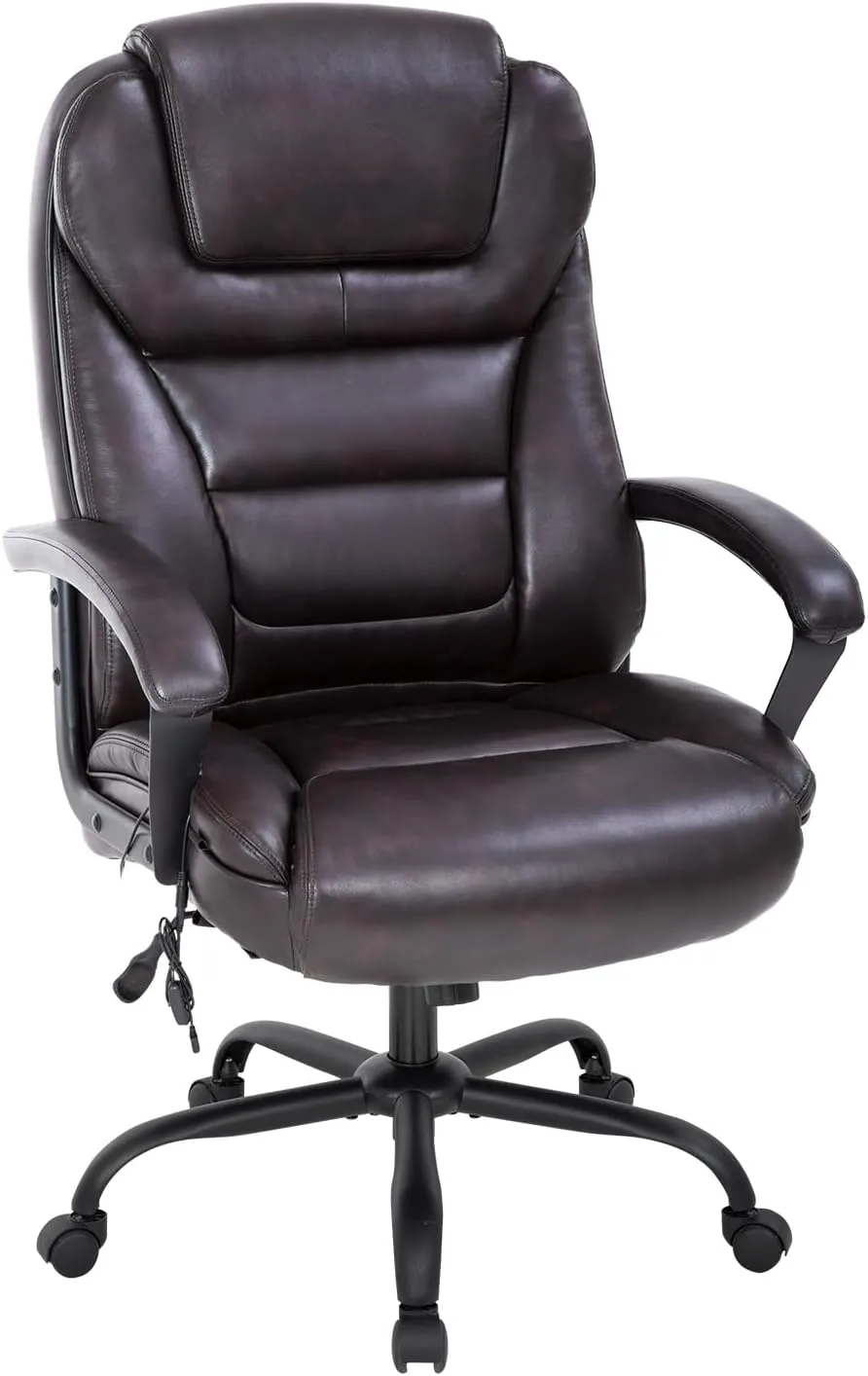 Big & Tall Office Chair 500lbs Capacity - Ergonomic High Back PU Leather Executive Massage Desk Chair with Wide Seat, Adjustable Lumbar Support & Armrests for Home Office Use, Maduro