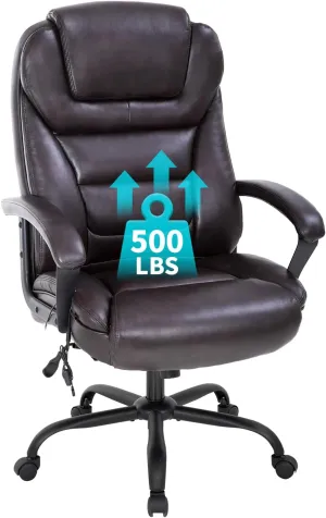 Big & Tall Office Chair 500lbs Capacity - Ergonomic High Back PU Leather Executive Massage Desk Chair with Wide Seat, Adjustable Lumbar Support & Armrests for Home Office Use, Maduro