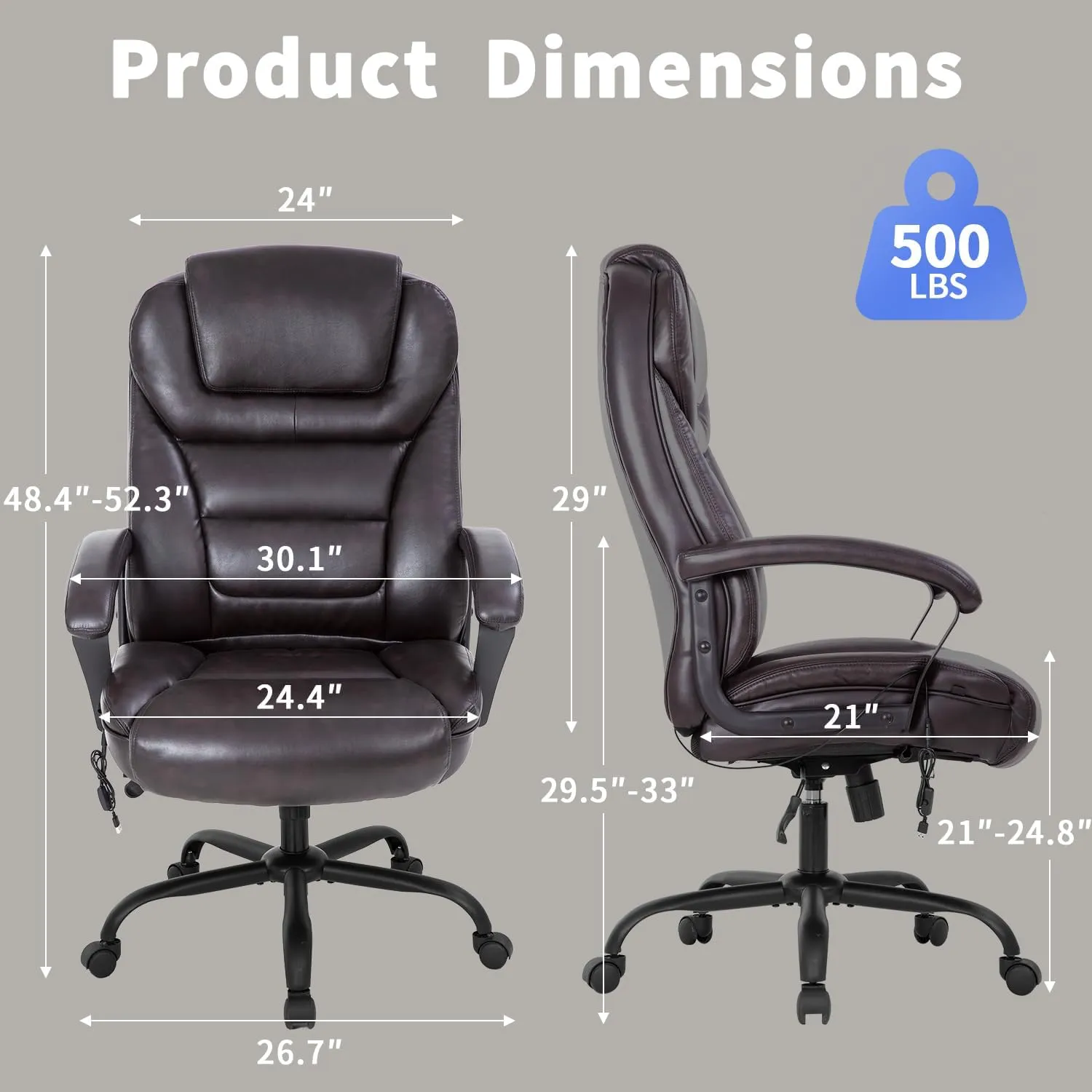 Big & Tall Office Chair 500lbs Capacity - Ergonomic High Back PU Leather Executive Massage Desk Chair with Wide Seat, Adjustable Lumbar Support & Armrests for Home Office Use, Maduro