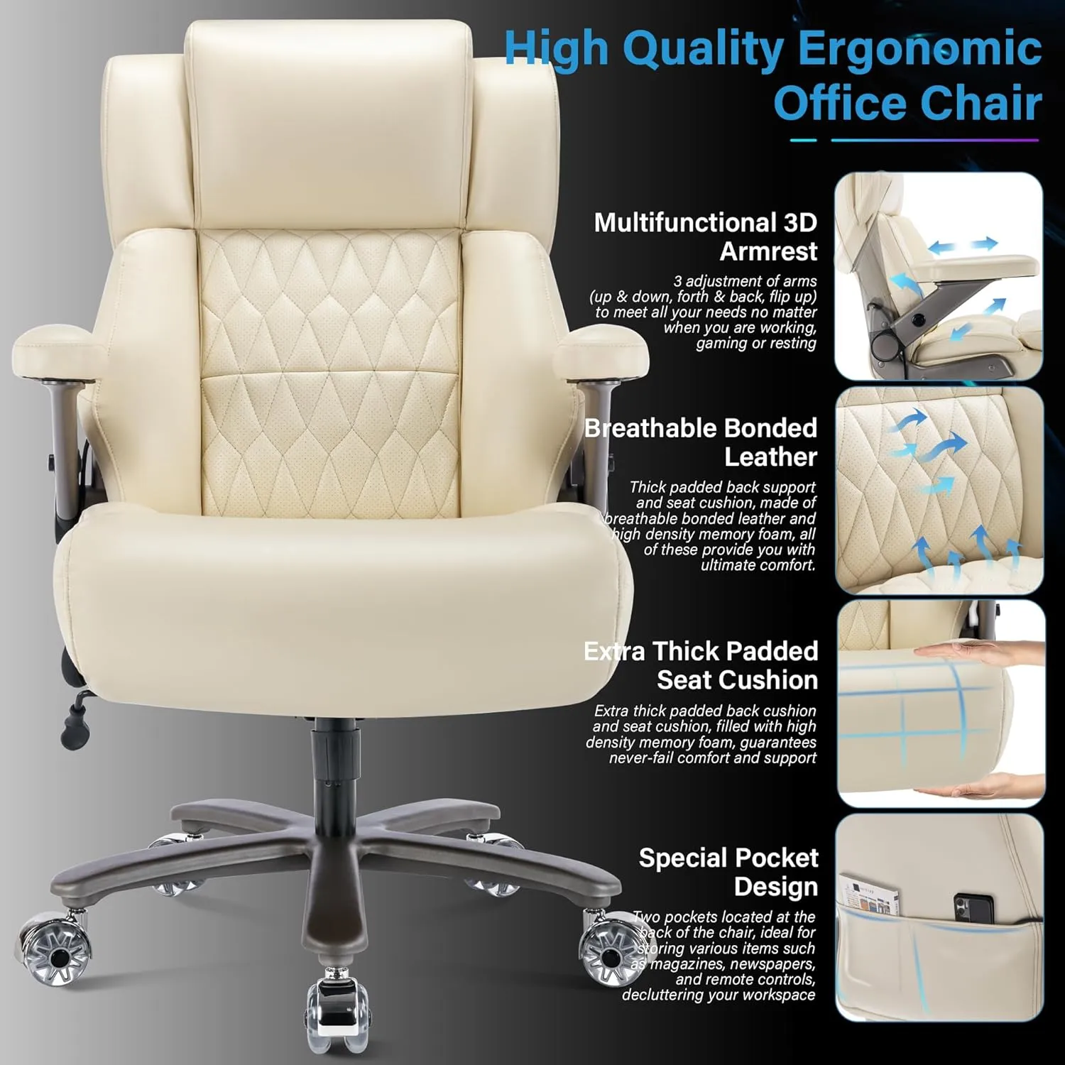 Big and Tall 700lbs Office Chair - Adjustable Lumbar Support 3D Flip Arms Heavy Duty Metal Base&Wheels, High Back Large Executive Computer Desk Chair, Thick Padded Ergonomic Design for Back Pain