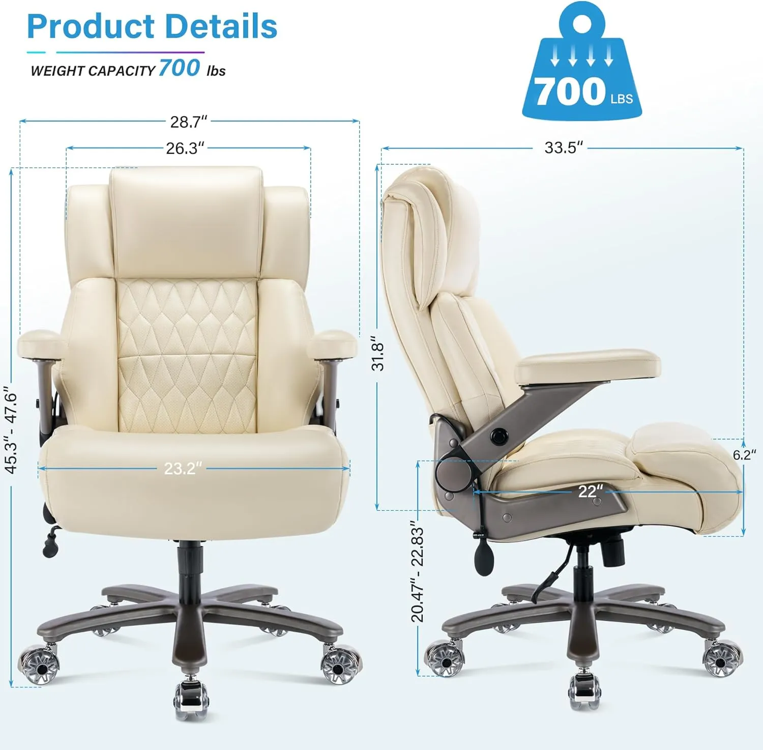 Big and Tall 700lbs Office Chair - Adjustable Lumbar Support 3D Flip Arms Heavy Duty Metal Base&Wheels, High Back Large Executive Computer Desk Chair, Thick Padded Ergonomic Design for Back Pain