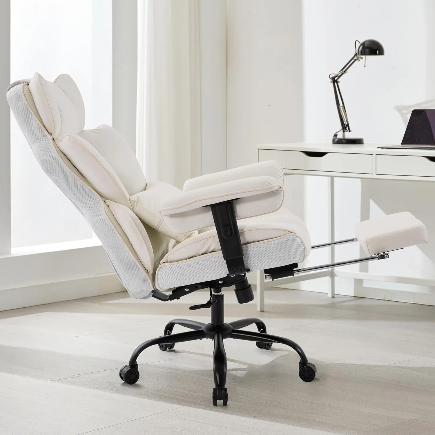 Big and Tall Office Chair 400lbs,PU Leather High Back Gaming Chair with Foot Rest, Reclining Executive Ergonomic Office Chairs Lumbar Support Computer Chair Adjustable Armrests(White)