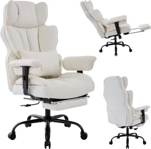 Big and Tall Office Chair 400lbs,PU Leather High Back Gaming Chair with Foot Rest, Reclining Executive Ergonomic Office Chairs Lumbar Support Computer Chair Adjustable Armrests(White)