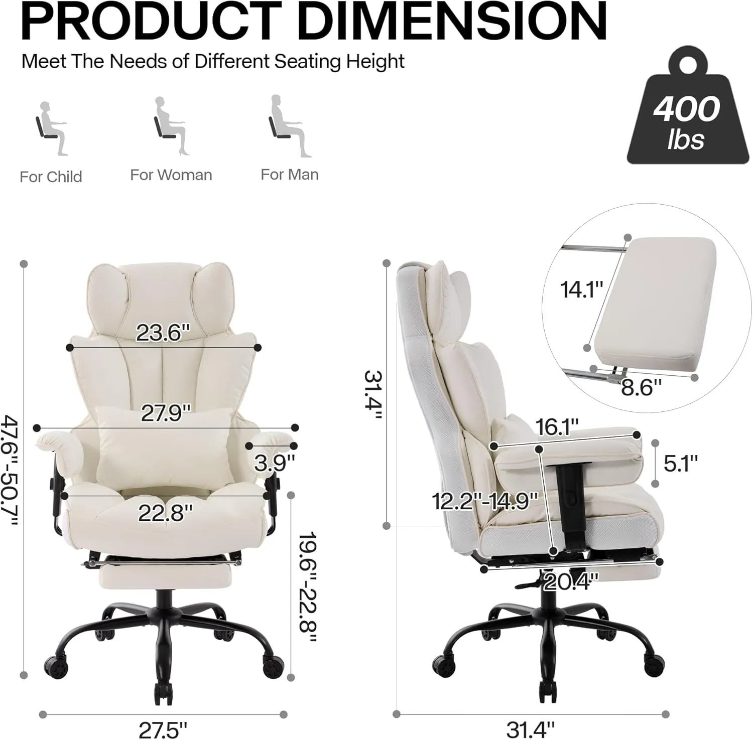 Big and Tall Office Chair 400lbs,PU Leather High Back Gaming Chair with Foot Rest, Reclining Executive Ergonomic Office Chairs Lumbar Support Computer Chair Adjustable Armrests(White)