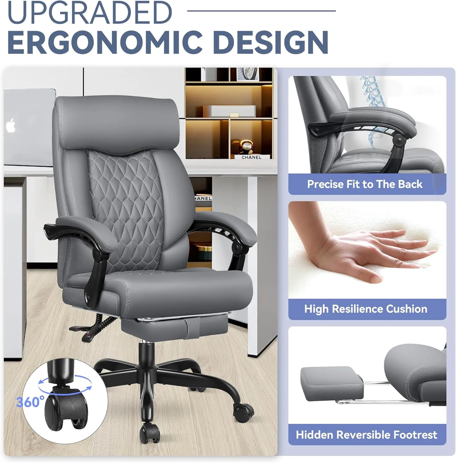 Big and Tall Reclining Executive Leather Office Desk Chair with Footrest and Lumbar Support