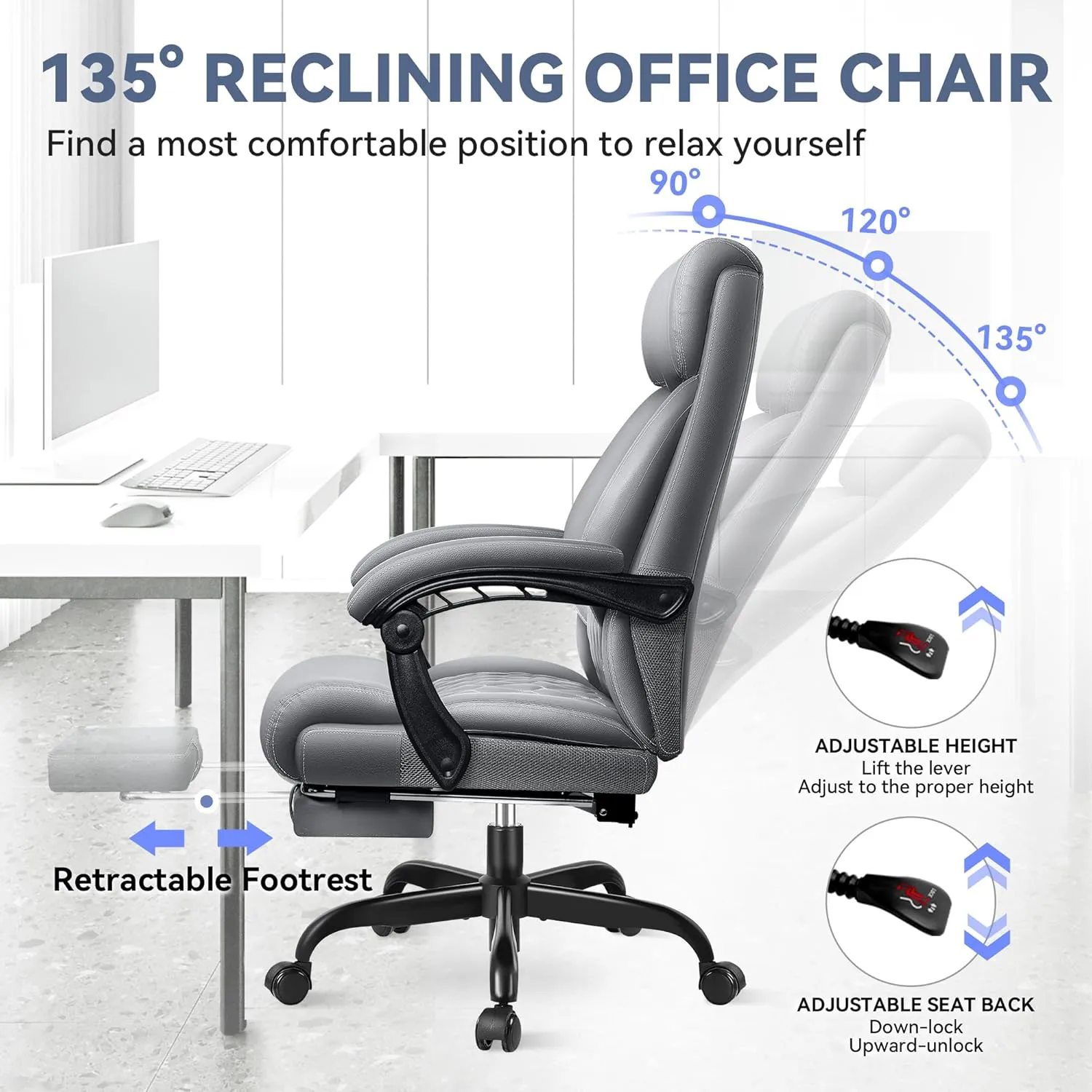 Big and Tall Reclining Executive Leather Office Desk Chair with Footrest and Lumbar Support
