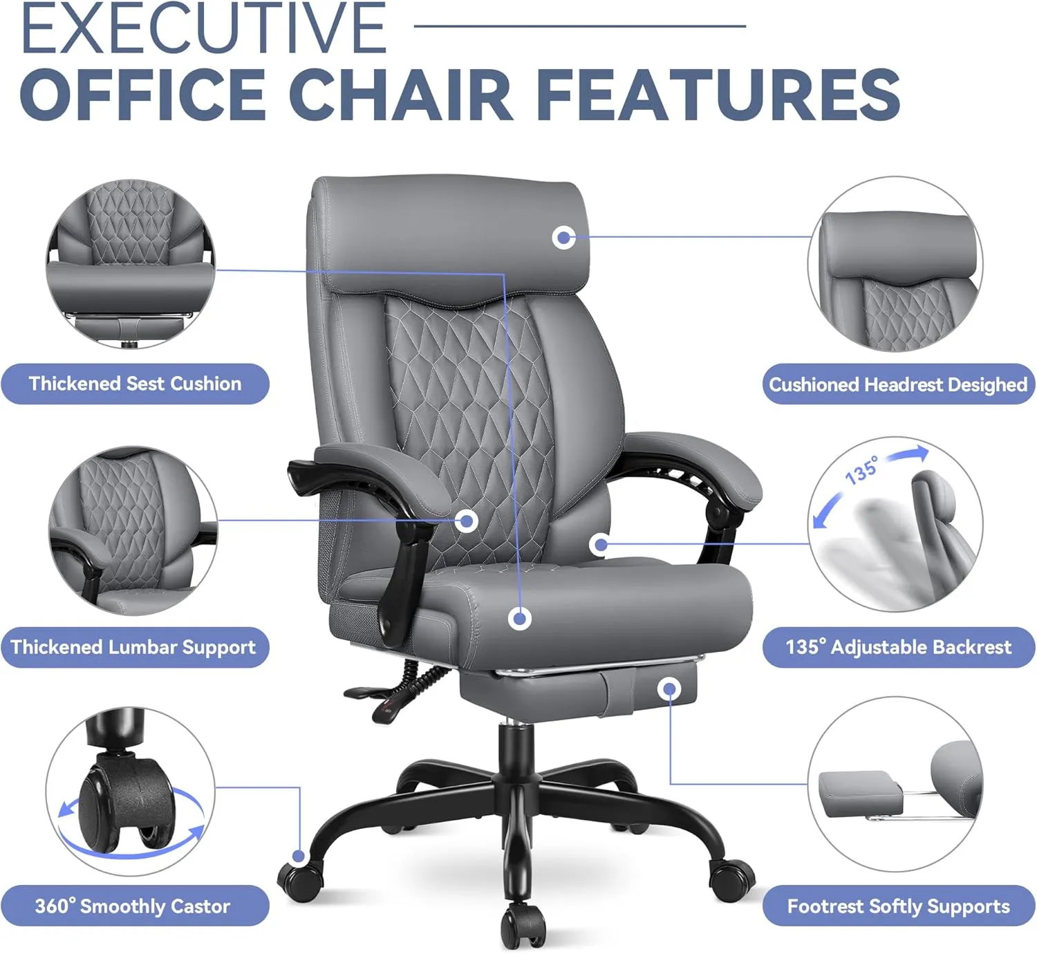 Big and Tall Reclining Executive Leather Office Desk Chair with Footrest and Lumbar Support