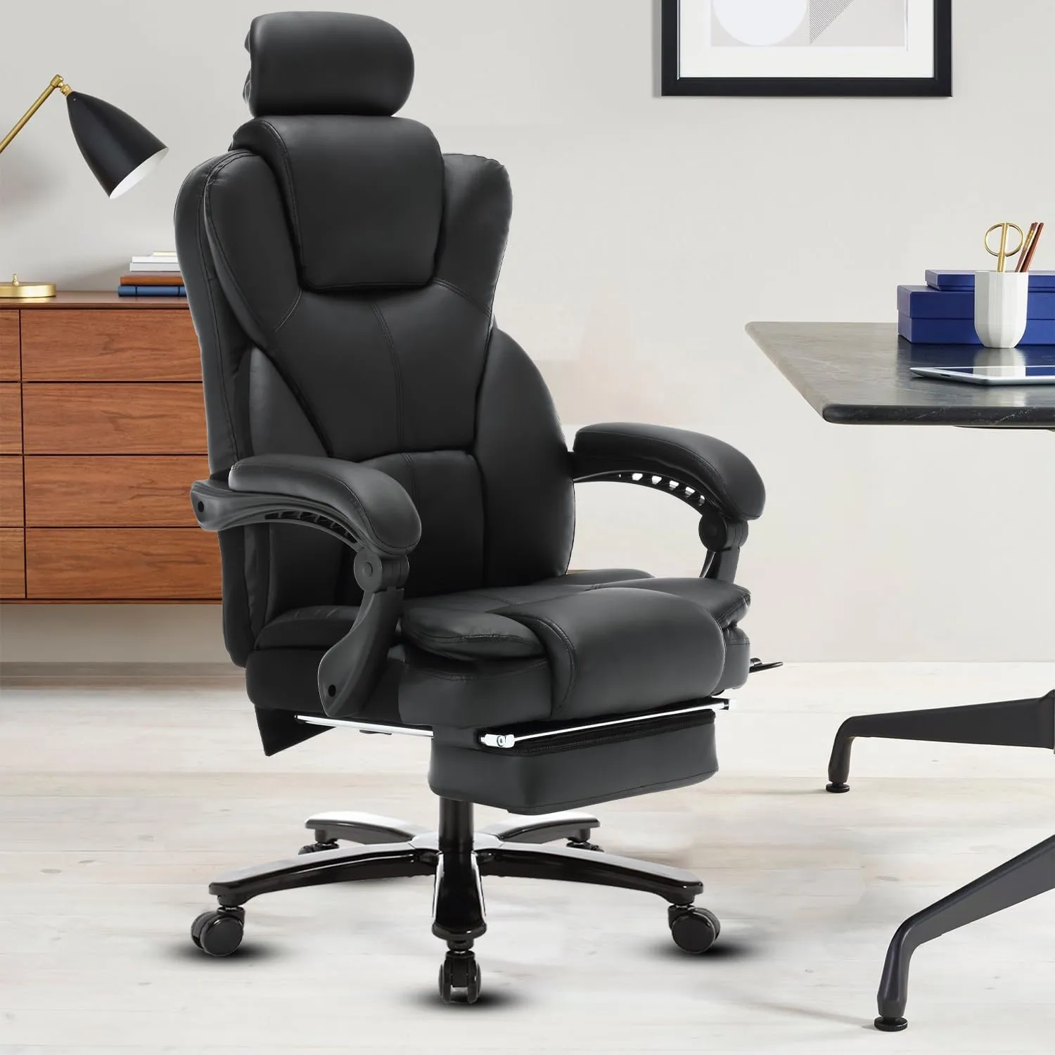 Big and Tall Reclining Office Chair with Footrest & Headrest 400lb, PU Leather Office Chairs for Heavy People, Ergonomic High Back Home Office Desk Chair Executive Office Chairs with Wheels (Black)