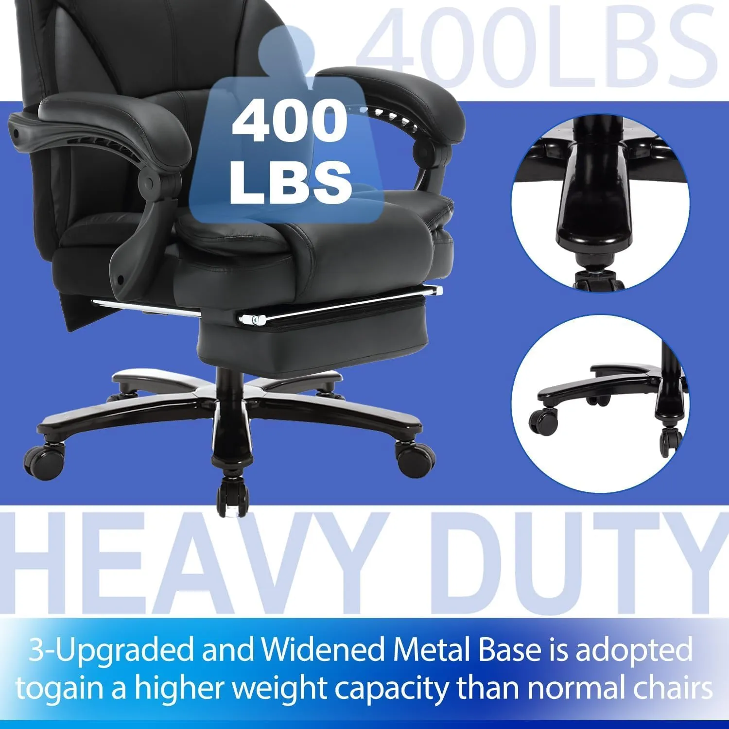 Big and Tall Reclining Office Chair with Footrest & Headrest 400lb, PU Leather Office Chairs for Heavy People, Ergonomic High Back Home Office Desk Chair Executive Office Chairs with Wheels (Black)