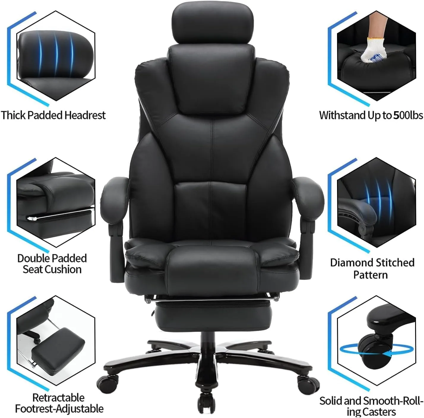 Big and Tall Reclining Office Chair with Footrest & Headrest 400lb, PU Leather Office Chairs for Heavy People, Ergonomic High Back Home Office Desk Chair Executive Office Chairs with Wheels (Black)