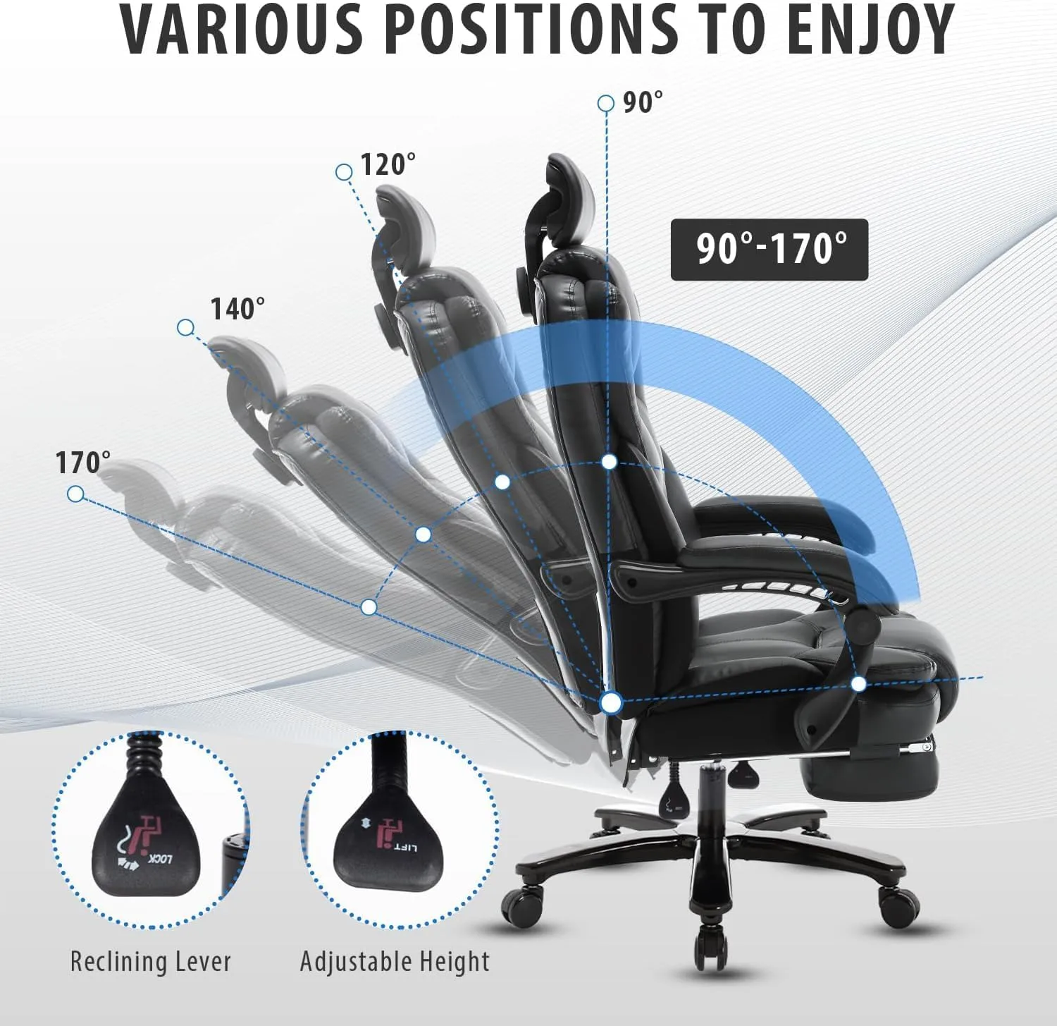 Big and Tall Reclining Office Chair with Footrest & Headrest 400lb, PU Leather Office Chairs for Heavy People, Ergonomic High Back Home Office Desk Chair Executive Office Chairs with Wheels (Black)