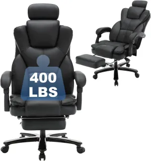 Big and Tall Reclining Office Chair with Footrest & Headrest 400lb, PU Leather Office Chairs for Heavy People, Ergonomic High Back Home Office Desk Chair Executive Office Chairs with Wheels (Black)