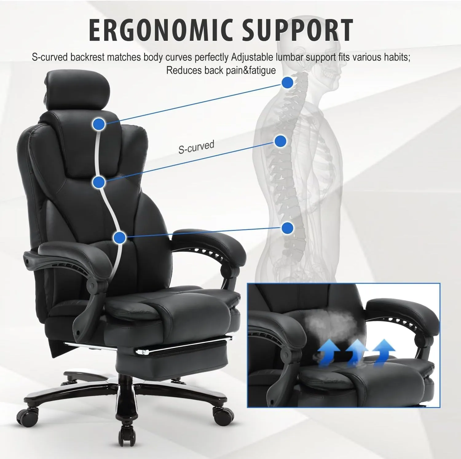 Big and Tall Reclining Office Chair with Footrest & Headrest 400lb, PU Leather Office Chairs for Heavy People, Ergonomic High Back Home Office Desk Chair Executive Office Chairs with Wheels (Black)