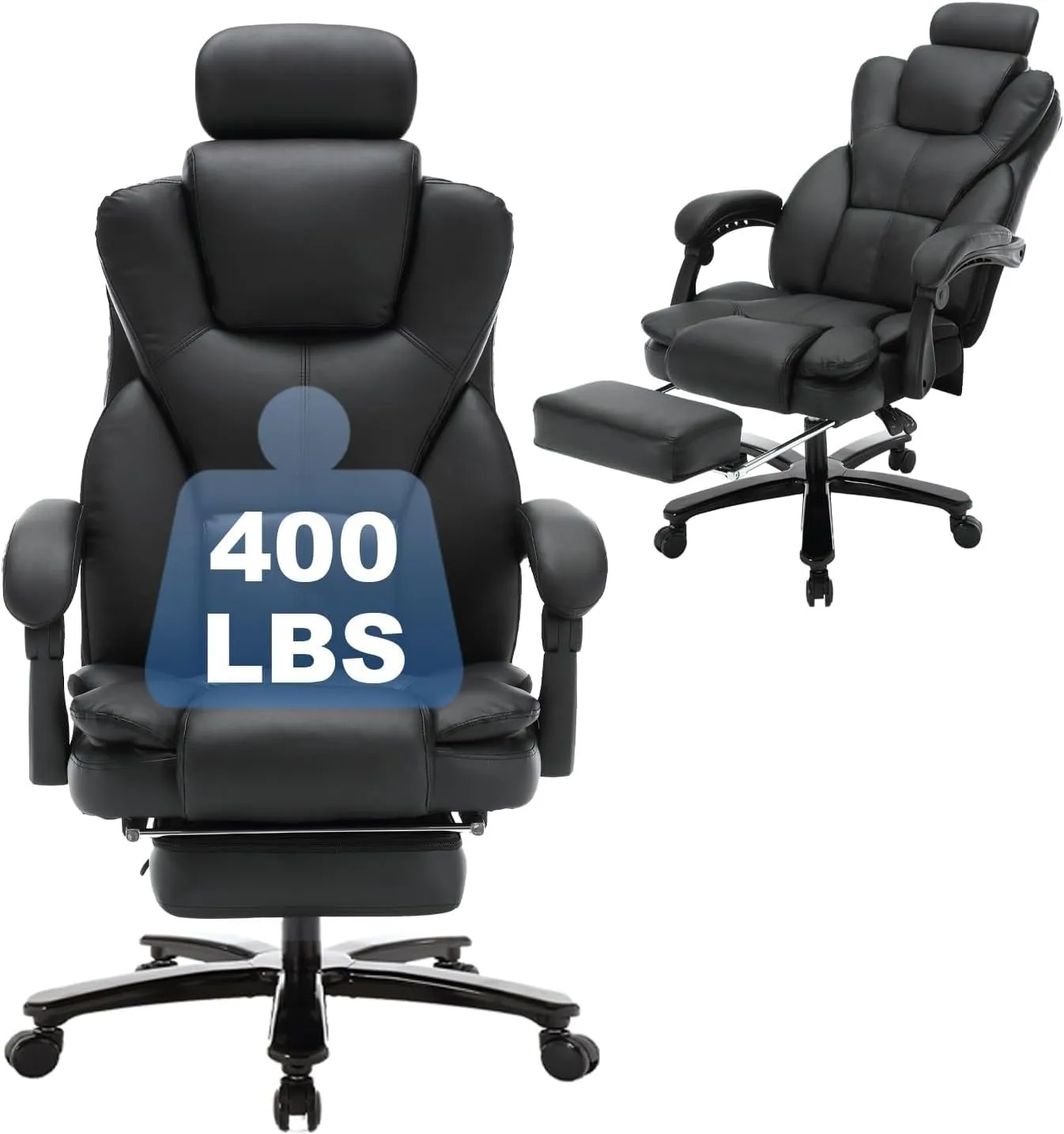 Big and Tall Reclining Office Chair with Footrest & Headrest 400lb, PU Leather Office Chairs for Heavy People, Ergonomic High Back Home Office Desk Chair Executive Office Chairs with Wheels (Black)
