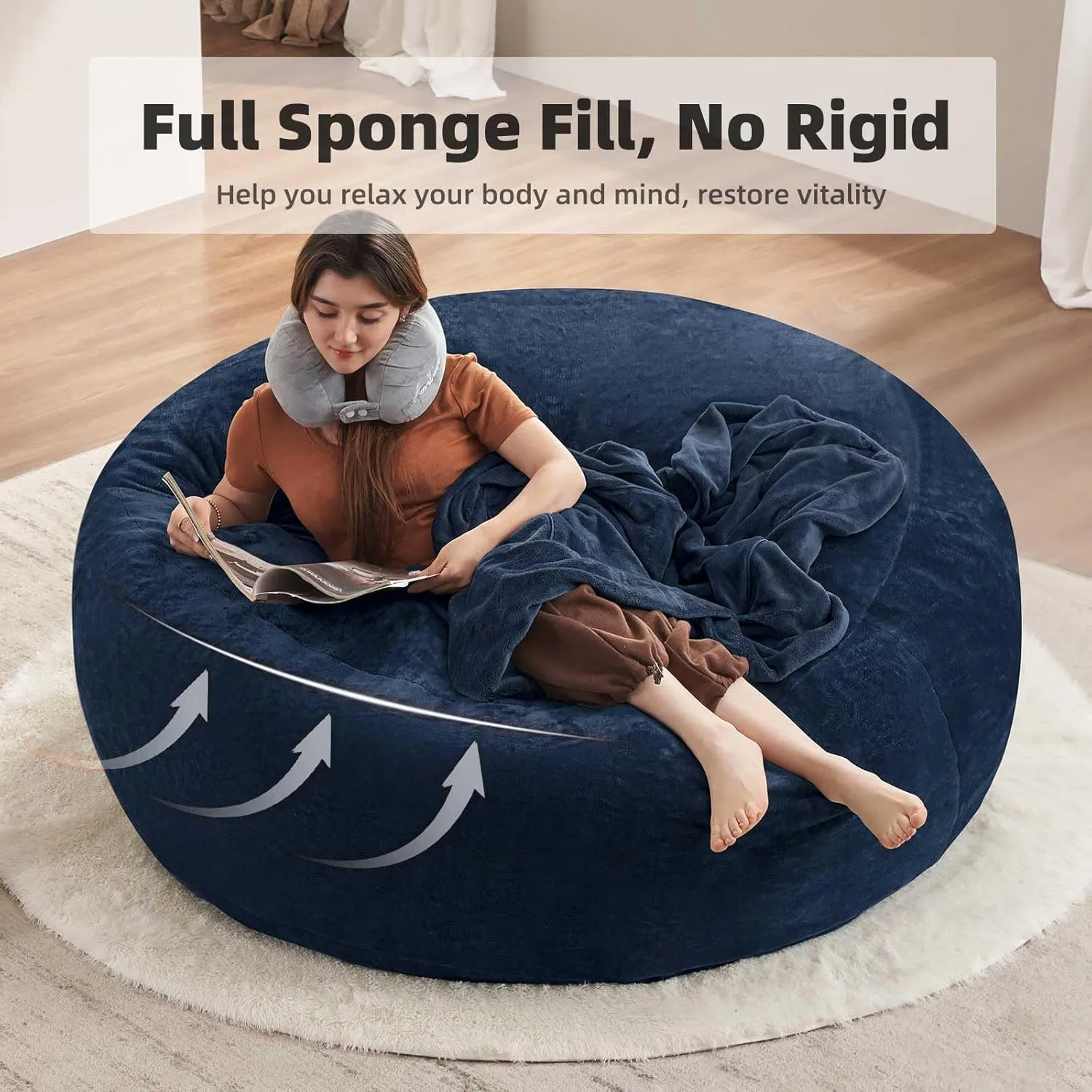 Big Bean Bag Chairs for Adults，6FT，Bean Bag Chair with Filler Included，Memory Foam Chair，Removable and Washable Flannel Cover, Living Room Furniture, Suitable for Bedroom and Dormitory.(Blue)