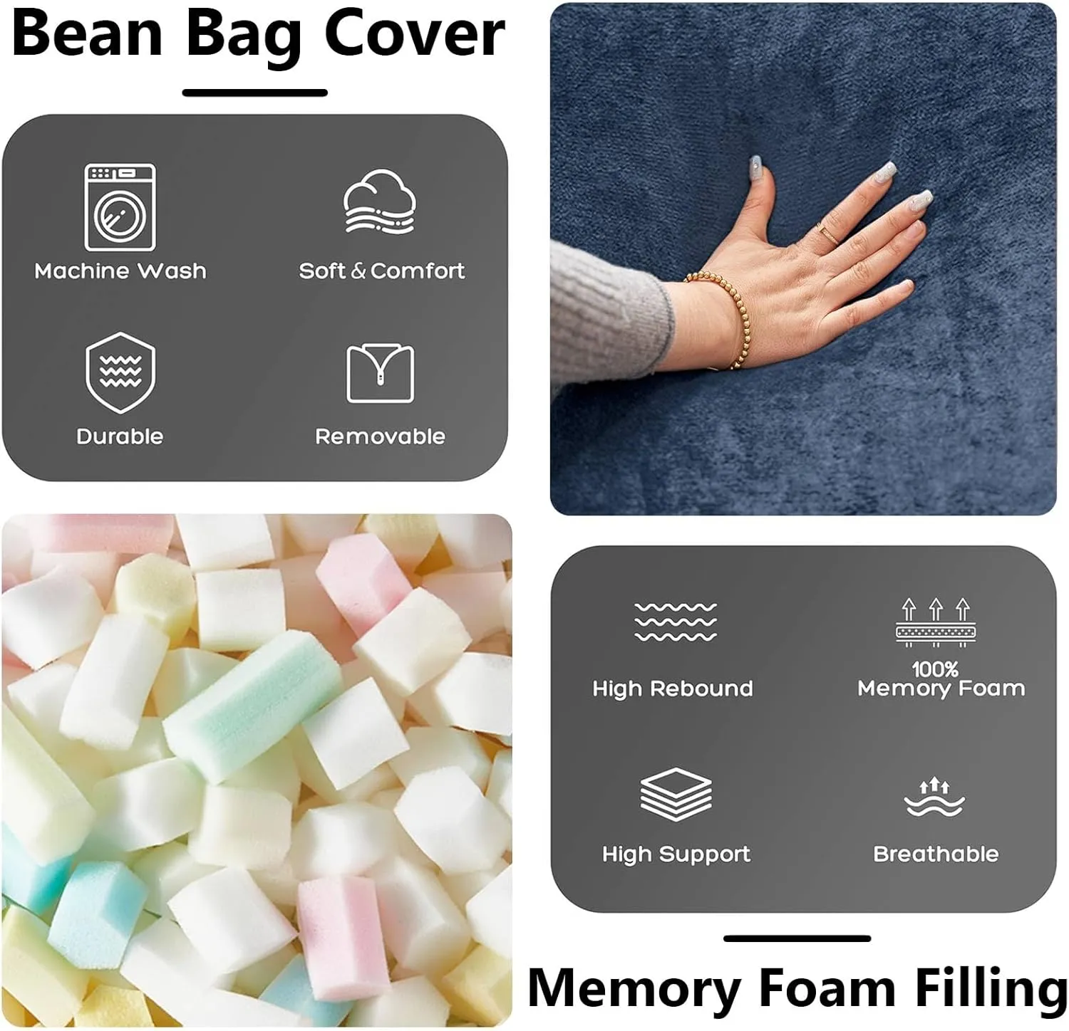 Big Bean Bag Chairs for Adults，6FT，Bean Bag Chair with Filler Included，Memory Foam Chair，Removable and Washable Flannel Cover, Living Room Furniture, Suitable for Bedroom and Dormitory.(Blue)