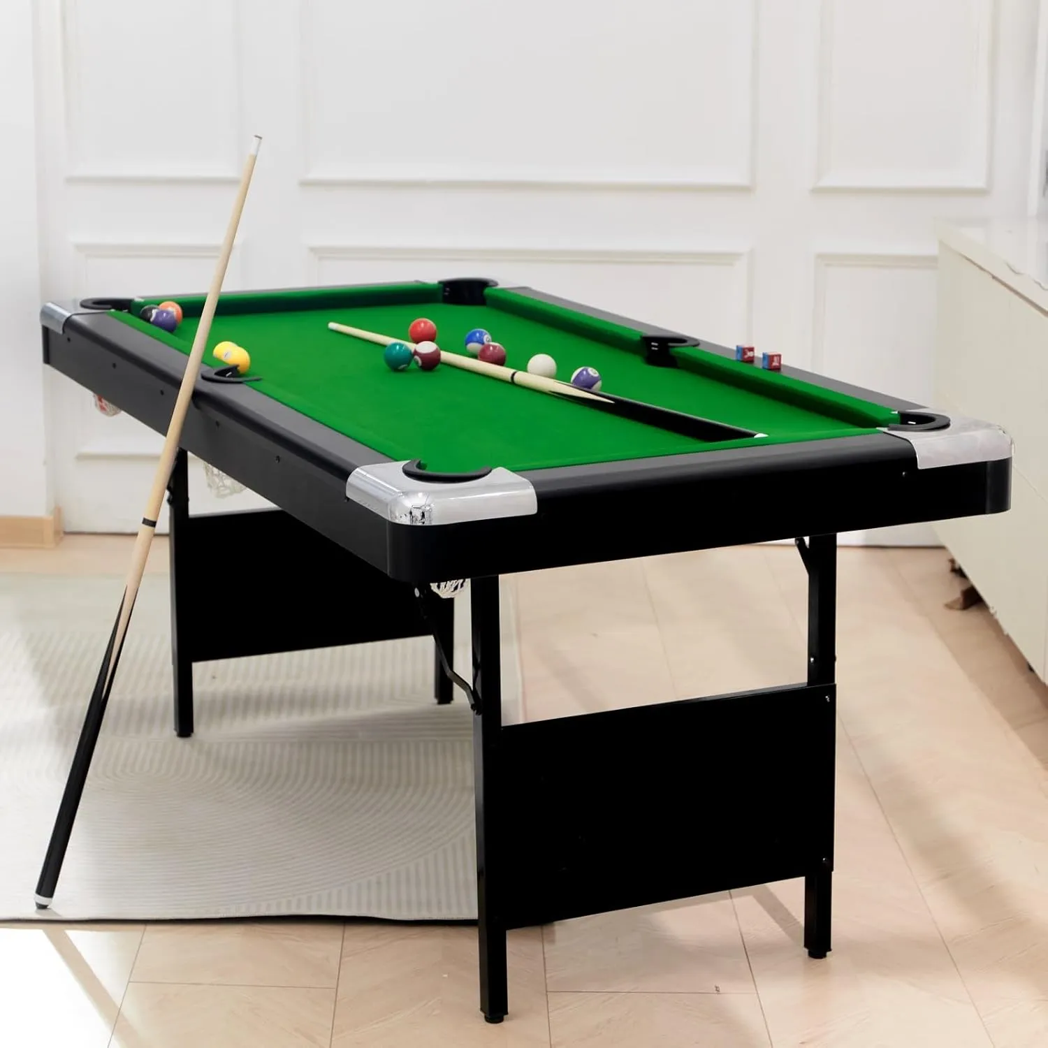 Billiard Tables, Portable Pool Table for Families with Easy Folding for Storage, Includes Balls, Cues, Brush Green 6FT