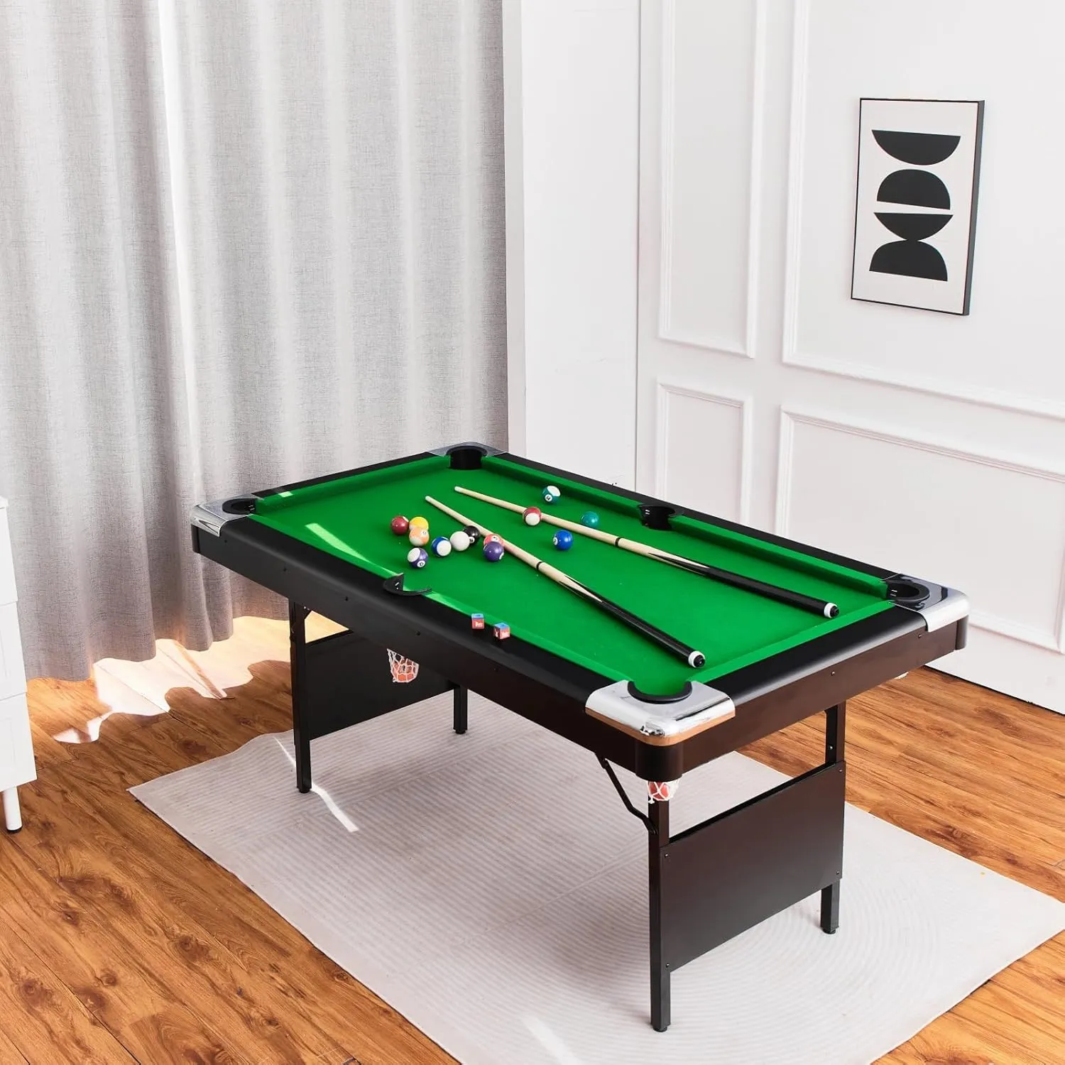 Billiard Tables, Portable Pool Table for Families with Easy Folding for Storage, Includes Balls, Cues, Brush Green 6FT
