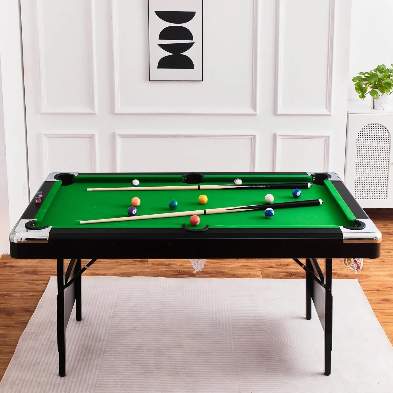 Billiard Tables, Portable Pool Table for Families with Easy Folding for Storage, Includes Balls, Cues, Brush Green 6FT