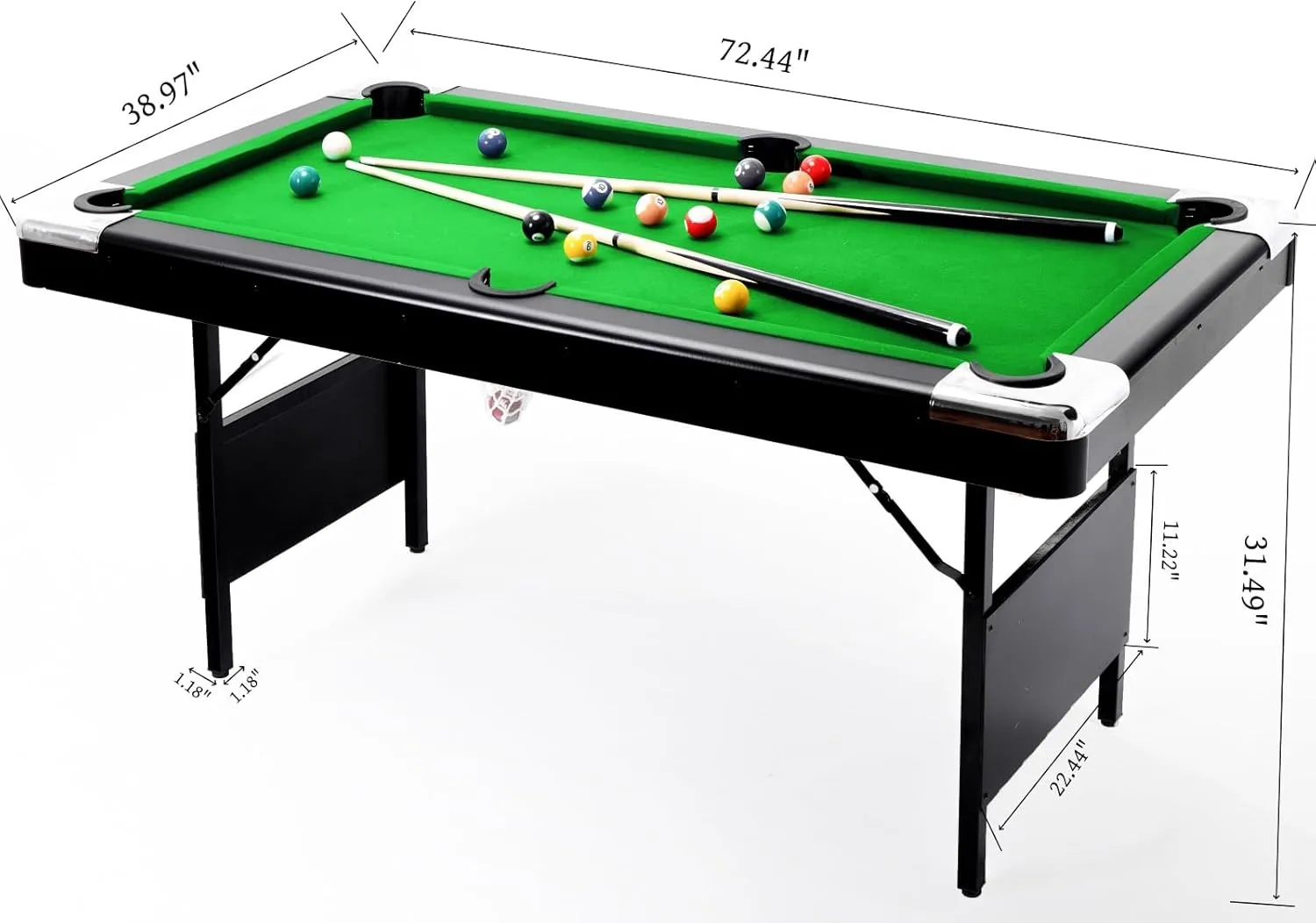 Billiard Tables, Portable Pool Table for Families with Easy Folding for Storage, Includes Balls, Cues, Brush Green 6FT