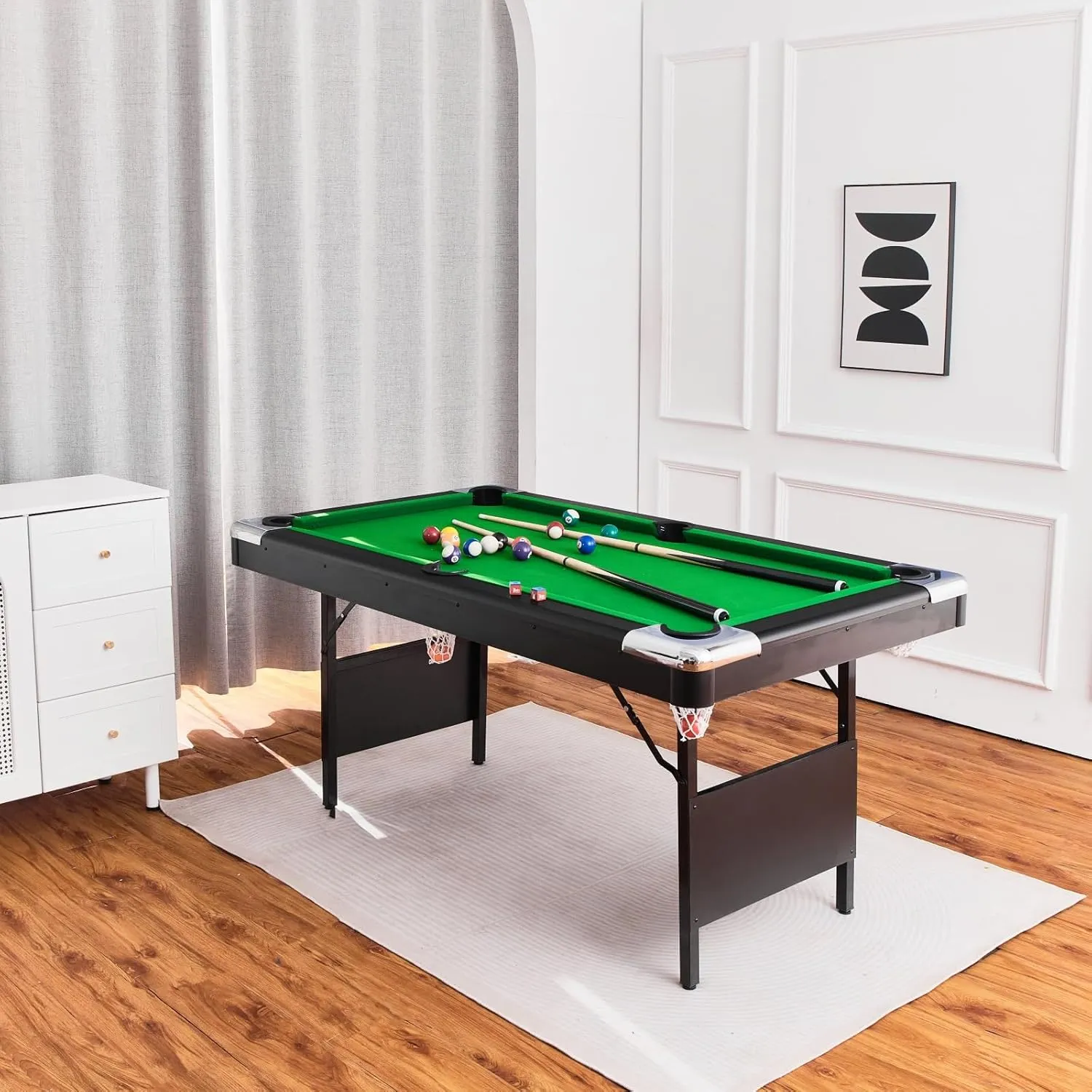 Billiard Tables, Portable Pool Table for Families with Easy Folding for Storage, Includes Balls, Cues, Brush Green 6FT