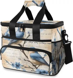 Birds Tree Branch Blue Flowers Cooler Bag Insulated Cooler Soft Sided Cooler 24 Can Portable Picnic Bag Large Leakproof Lunch Bag Box for Beach Grocery Camping Travel Car Men Women