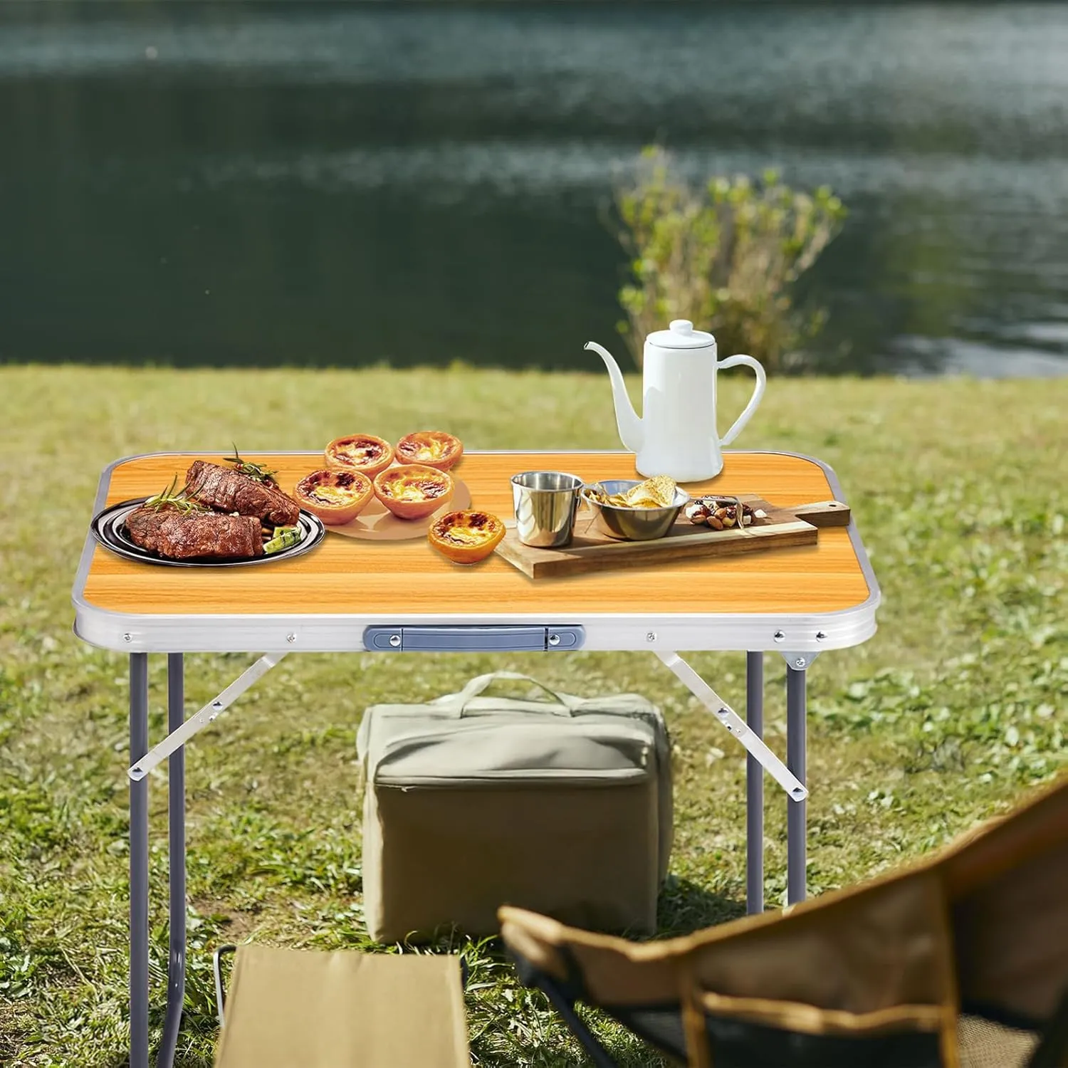 BIVVI 2.3ft Small Folding Table Portable Lightweight Utility Side Tables with Carrying Handle, Outdoor Aluminum Foldable Camp Dining Desk Card Table for Picnic Parties Camping (Wood Grain Color)