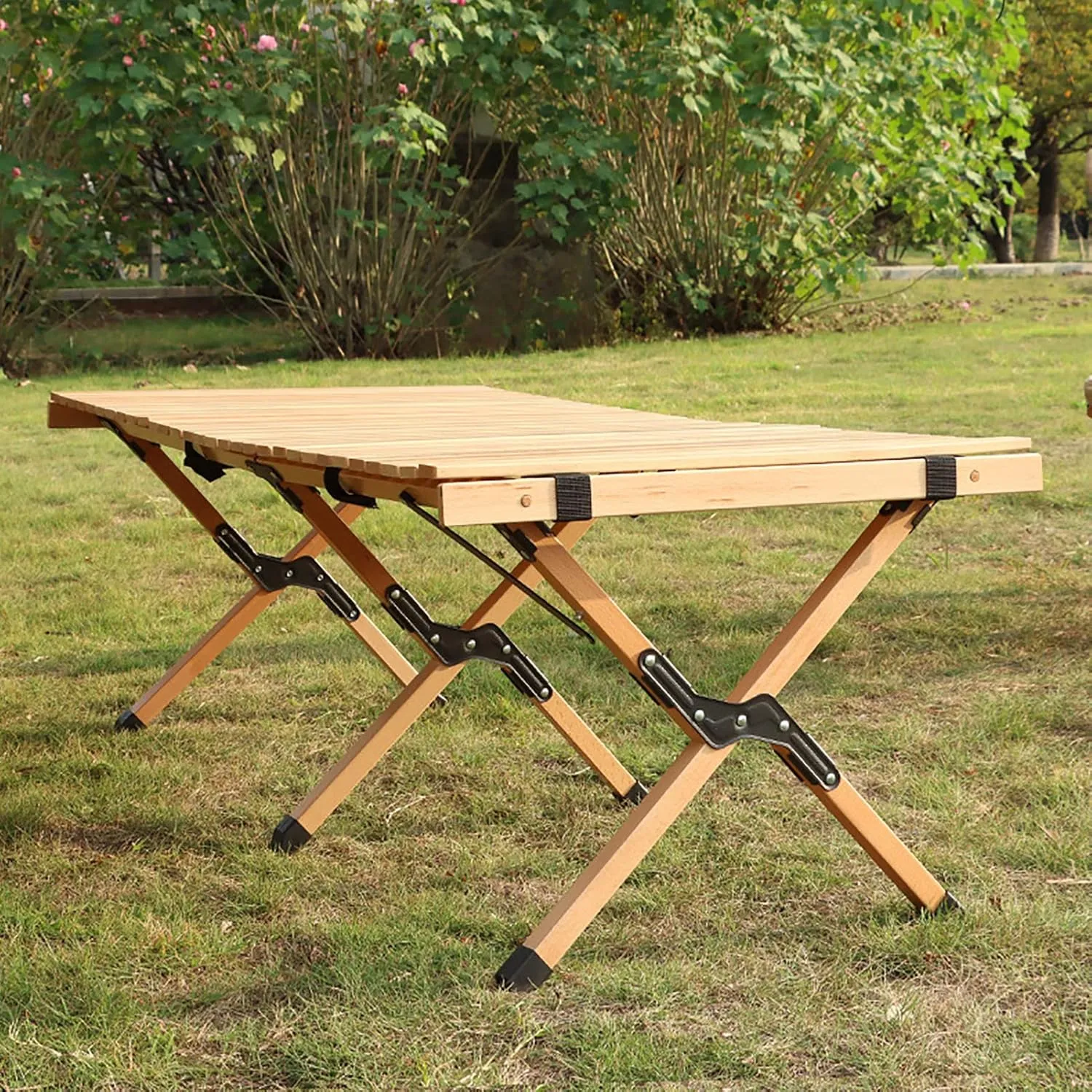 BK&MF Outdoor Wood Folding Table Beech,Portable Camping Table with Carry Bag Lightweight Roll-up Table Grill Table for Grill Travel Table Outdoor,B,120x60x45cm(47x24x18inch)