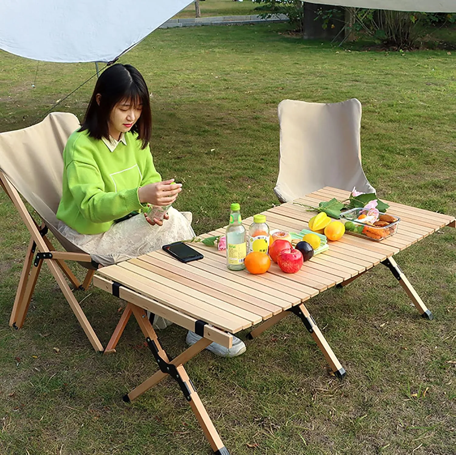 BK&MF Outdoor Wood Folding Table Beech,Portable Camping Table with Carry Bag Lightweight Roll-up Table Grill Table for Grill Travel Table Outdoor,B,120x60x45cm(47x24x18inch)