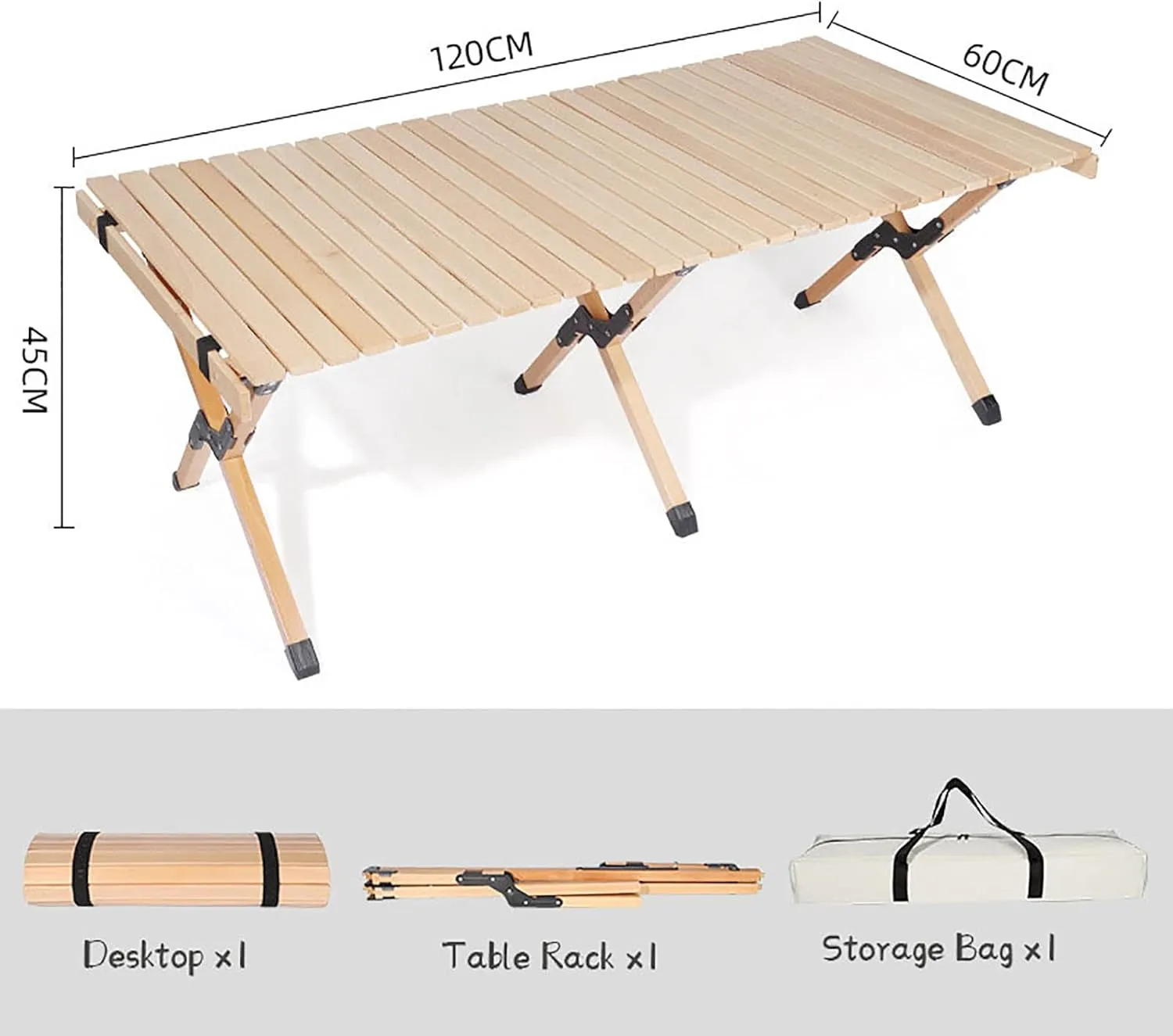 BK&MF Outdoor Wood Folding Table Beech,Portable Camping Table with Carry Bag Lightweight Roll-up Table Grill Table for Grill Travel Table Outdoor,B,120x60x45cm(47x24x18inch)