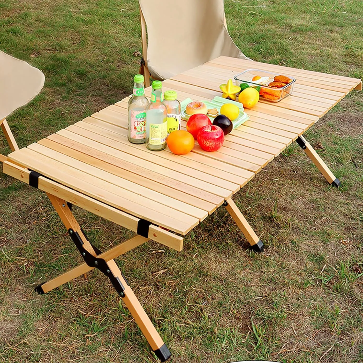 BK&MF Outdoor Wood Folding Table Beech,Portable Camping Table with Carry Bag Lightweight Roll-up Table Grill Table for Grill Travel Table Outdoor,B,120x60x45cm(47x24x18inch)