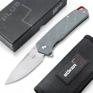 BÖKER PLUS® Gemtek Frame-Lock Knife - noble EDC pocket knife with clip - flipper knife with ball bearing - D2 drop-point folding knife with G10 handle gray with case in gift box