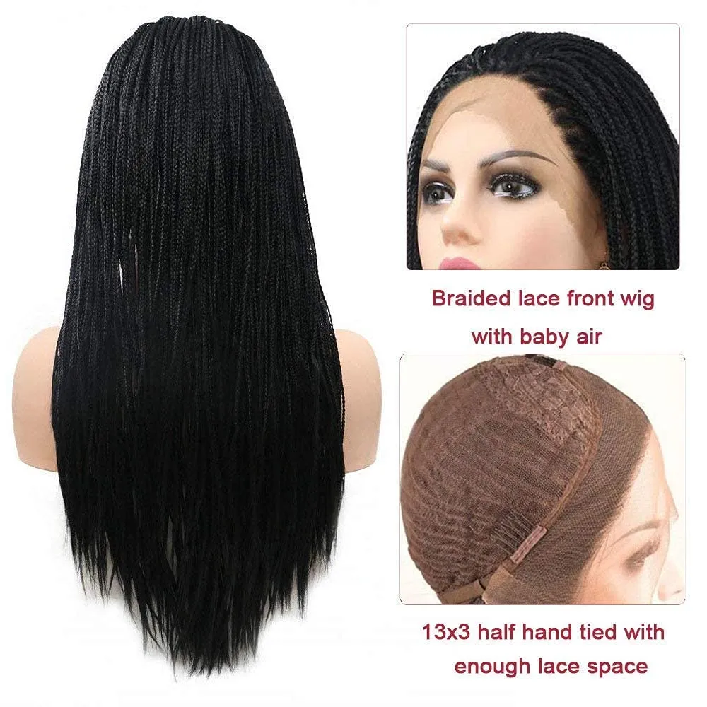 Black Braided Wigs for Black Women Long Knotless Box Braid Wig Handmade Lace Front Braided Wigs Natural Hairline Synthetic Cornrow Glueless Braids Wig Heat Resistant Fiber Hair Cosplay Daily 20Inch