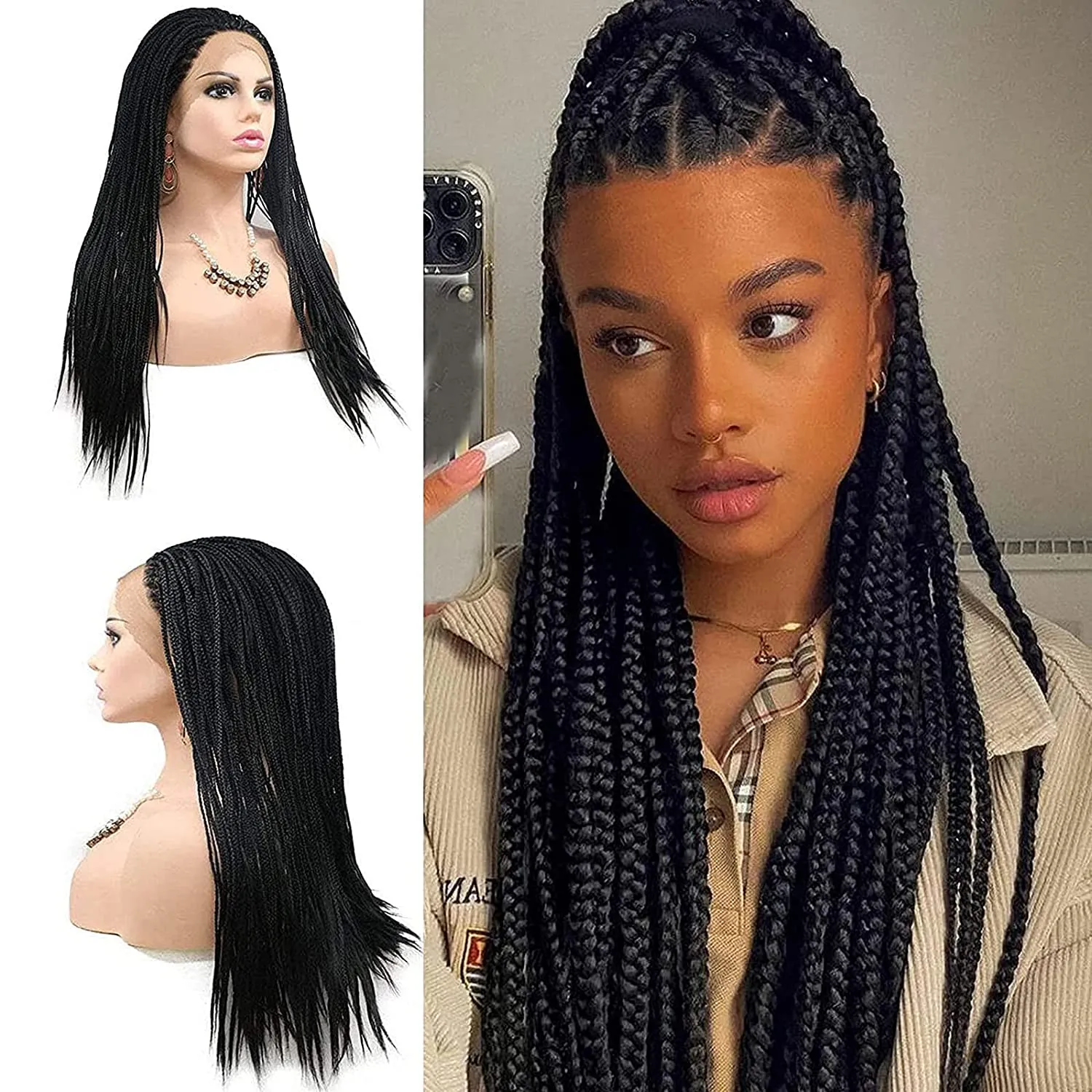 Black Braided Wigs for Black Women Long Knotless Box Braid Wig Handmade Lace Front Braided Wigs Natural Hairline Synthetic Cornrow Glueless Braids Wig Heat Resistant Fiber Hair Cosplay Daily 20Inch