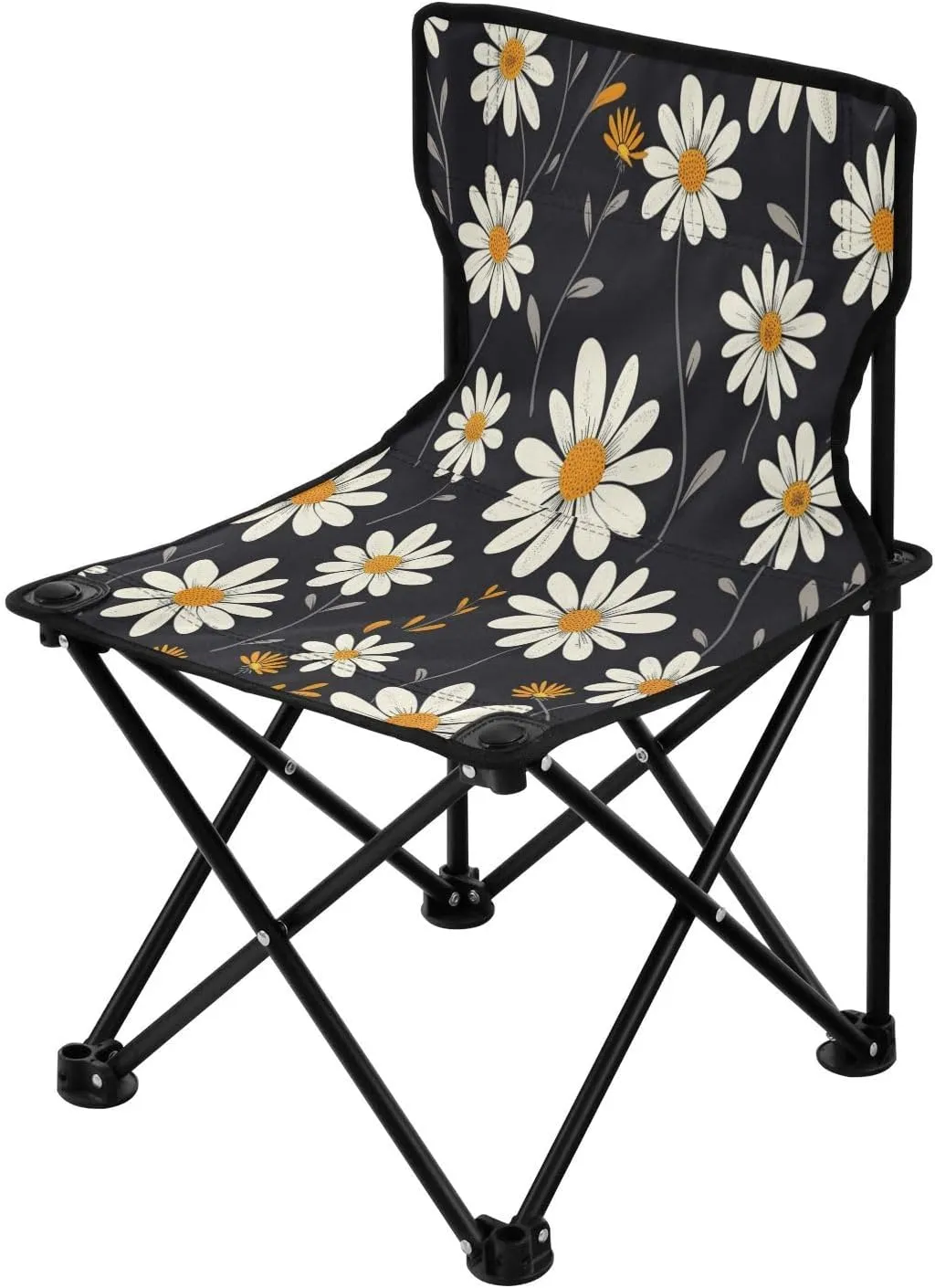 Black Daisies Portable Outdoor Folding Chair Anti-Slip Padded Oxford Cloth Stool Camping Chair Small for Beach Hiking Fishing Gardening Quad Camp Chair