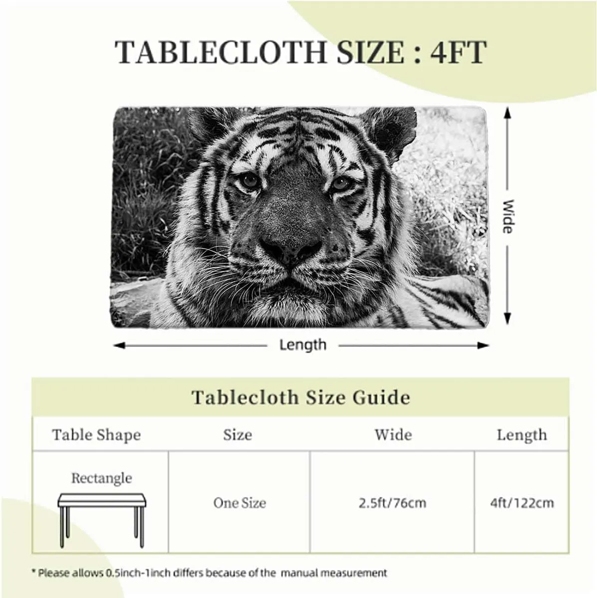 Black Grey White Fitted Tablecloth for Rectangle Table Tiger Nature Predator Watercolor Waterproof Wipeable Table Cloth Protector Animal Fits up 4 Foot Tables