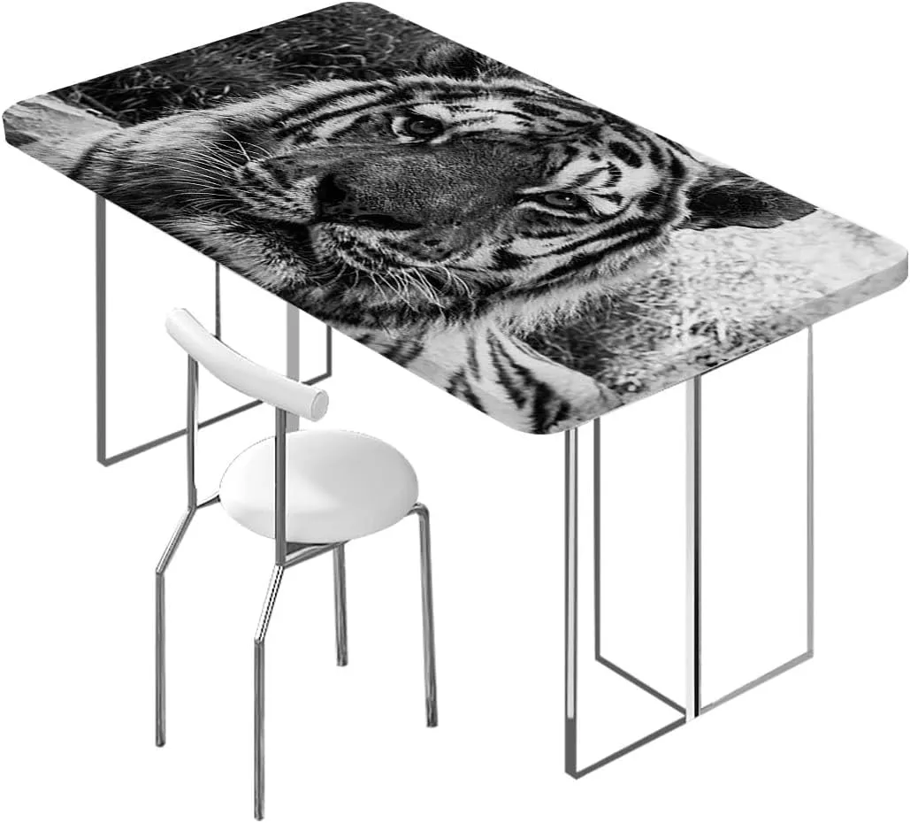 Black Grey White Fitted Tablecloth for Rectangle Table Tiger Nature Predator Watercolor Waterproof Wipeable Table Cloth Protector Animal Fits up 4 Foot Tables