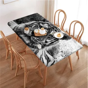 Black Grey White Fitted Tablecloth for Rectangle Table Tiger Nature Predator Watercolor Waterproof Wipeable Table Cloth Protector Animal Fits up 4 Foot Tables