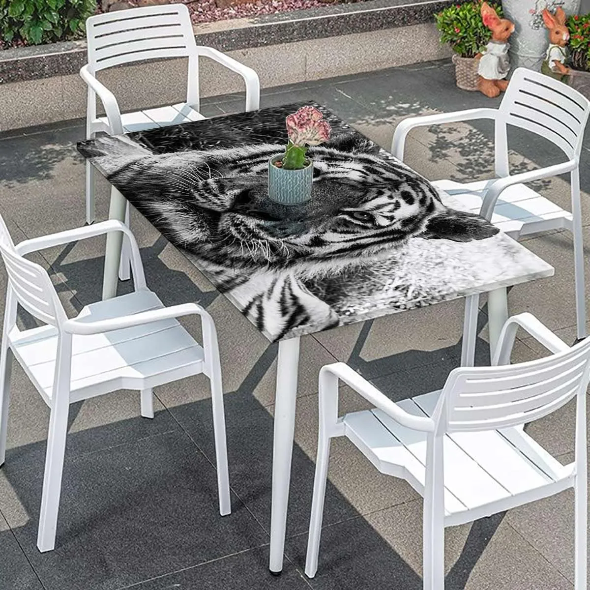 Black Grey White Fitted Tablecloth for Rectangle Table Tiger Nature Predator Watercolor Waterproof Wipeable Table Cloth Protector Animal Fits up 4 Foot Tables
