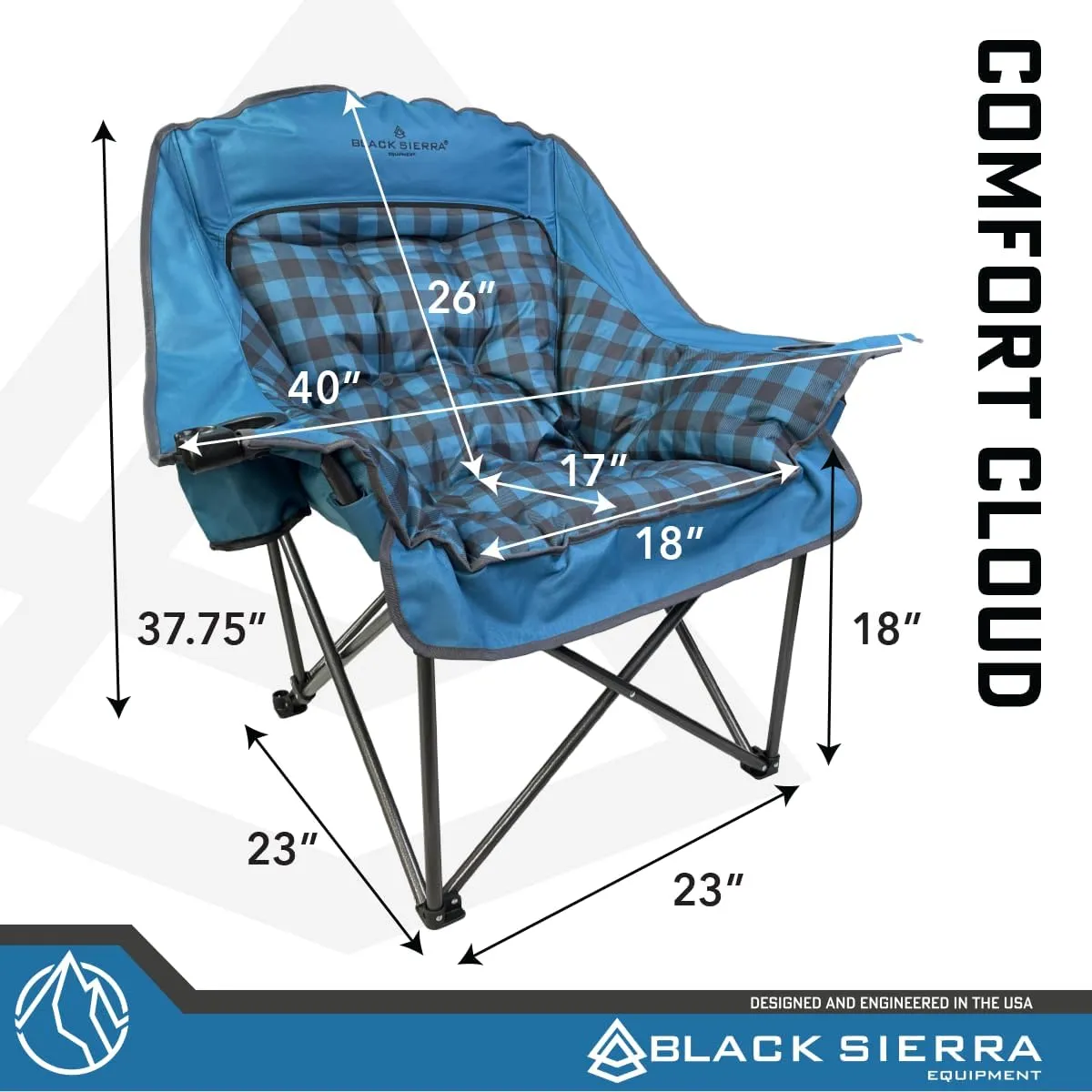 Black Sierra Oversized Camping Chair for Adults, Heavy Duty Outdoor Seat with Plush Padding, Supports 400lbs, Cup Holder & Carry Bag, Comfortable Folding Chair for Tailgating, Patio, & Sideline Events