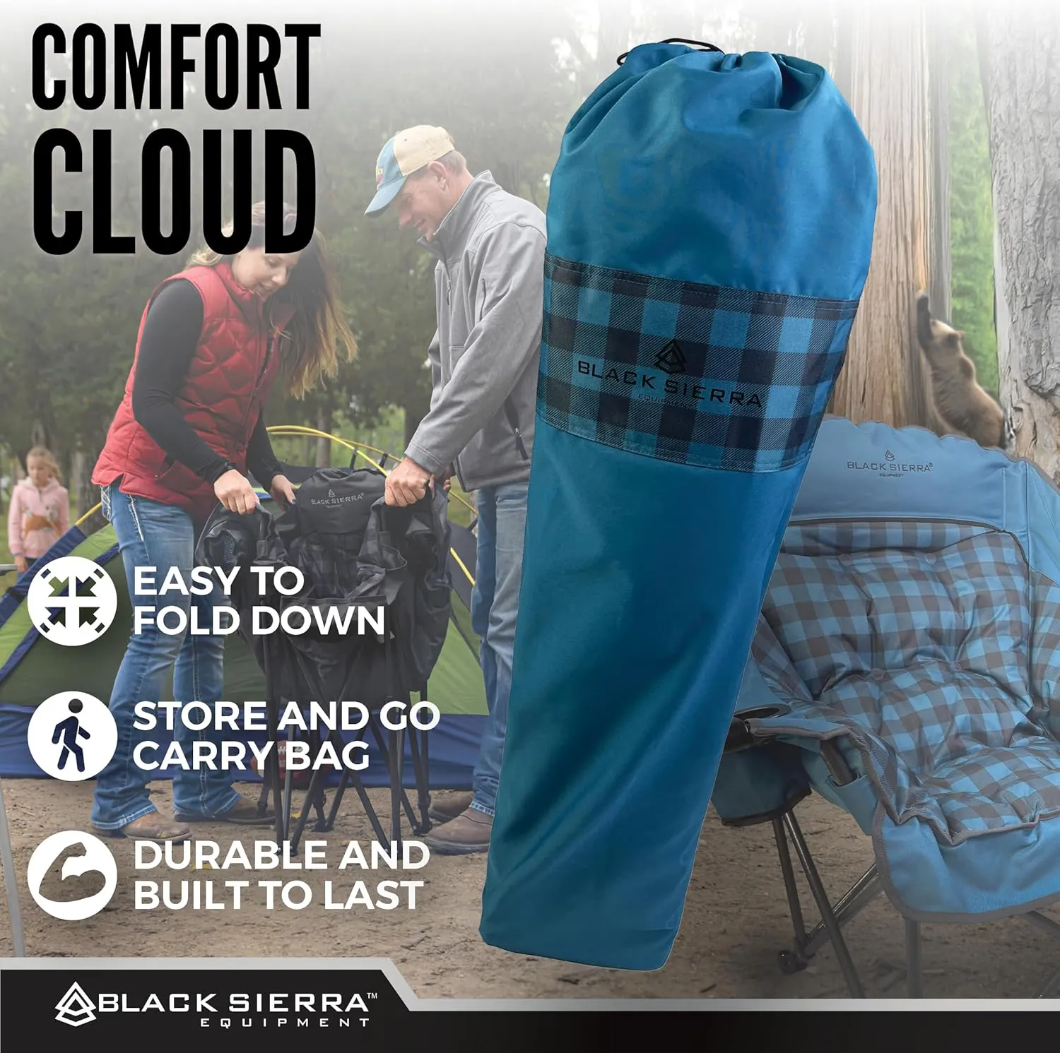 Black Sierra Oversized Camping Chair for Adults, Heavy Duty Outdoor Seat with Plush Padding, Supports 400lbs, Cup Holder & Carry Bag, Comfortable Folding Chair for Tailgating, Patio, & Sideline Events