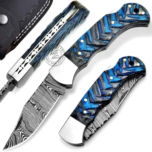 Blue & Black Grooved 6.75'' Handmade Damascus Steel Folding Pocket Knife with Back Lock for EDC, Camping, 100% Prime Quality, KKH-65