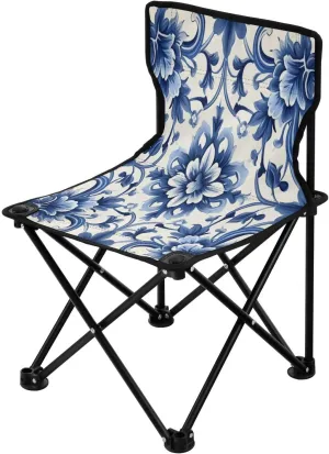 Blue and White Tile Portable Outdoor Folding Chair Anti-Slip Padded Oxford Cloth Stool Camping Chair Small for Beach Hiking Fishing Gardening Quad Camp Chair