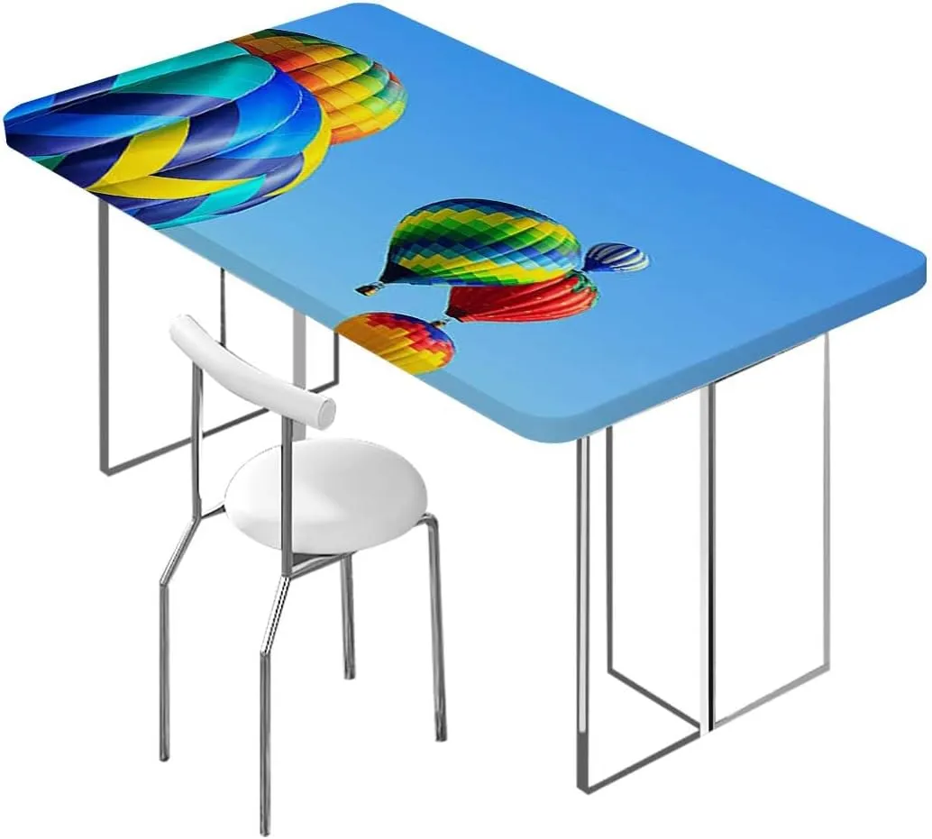 Blue Elastic Edge Fitted Tablecloth, Nostalgic Hot Air Balloons in Sky Flying Journey Fitted Tablecloth Elastic Edge Table Cloth for Party Dining Home Picnic Colorful Fits up 4 Foot Tables