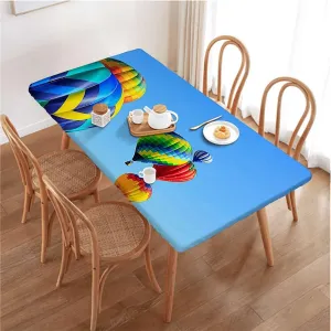 Blue Elastic Edge Fitted Tablecloth, Nostalgic Hot Air Balloons in Sky Flying Journey Fitted Tablecloth Elastic Edge Table Cloth for Party Dining Home Picnic Colorful Fits up 4 Foot Tables