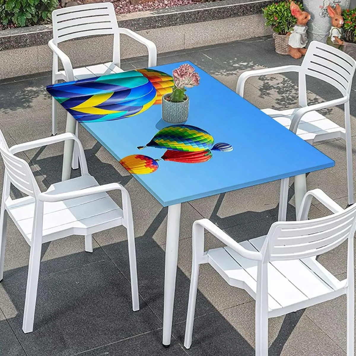 Blue Elastic Edge Fitted Tablecloth, Nostalgic Hot Air Balloons in Sky Flying Journey Fitted Tablecloth Elastic Edge Table Cloth for Party Dining Home Picnic Colorful Fits up 4 Foot Tables