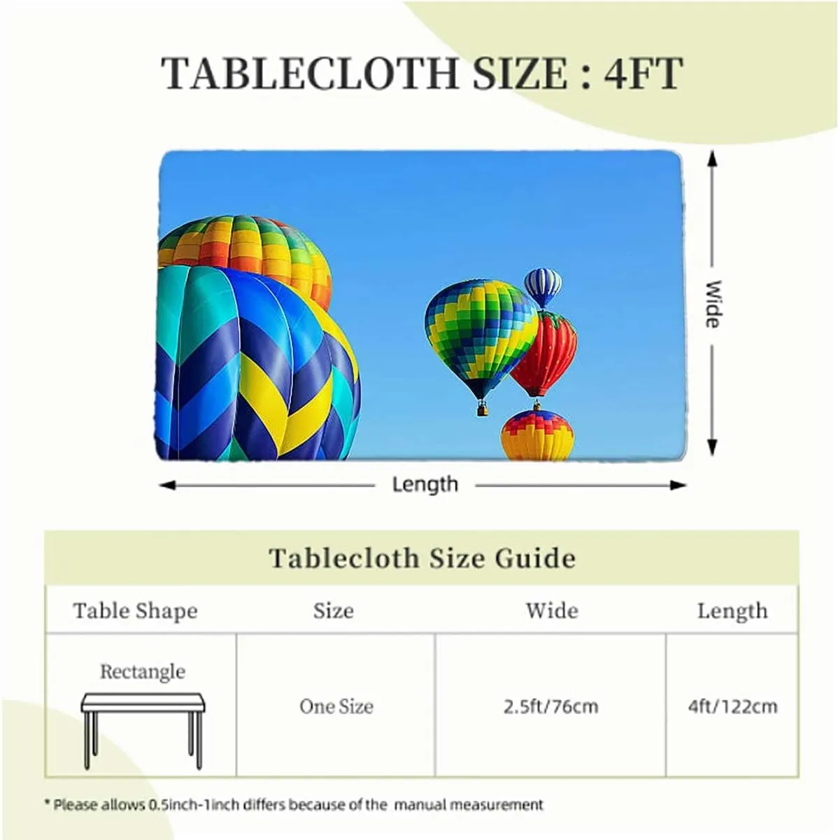 Blue Elastic Edge Fitted Tablecloth, Nostalgic Hot Air Balloons in Sky Flying Journey Fitted Tablecloth Elastic Edge Table Cloth for Party Dining Home Picnic Colorful Fits up 4 Foot Tables